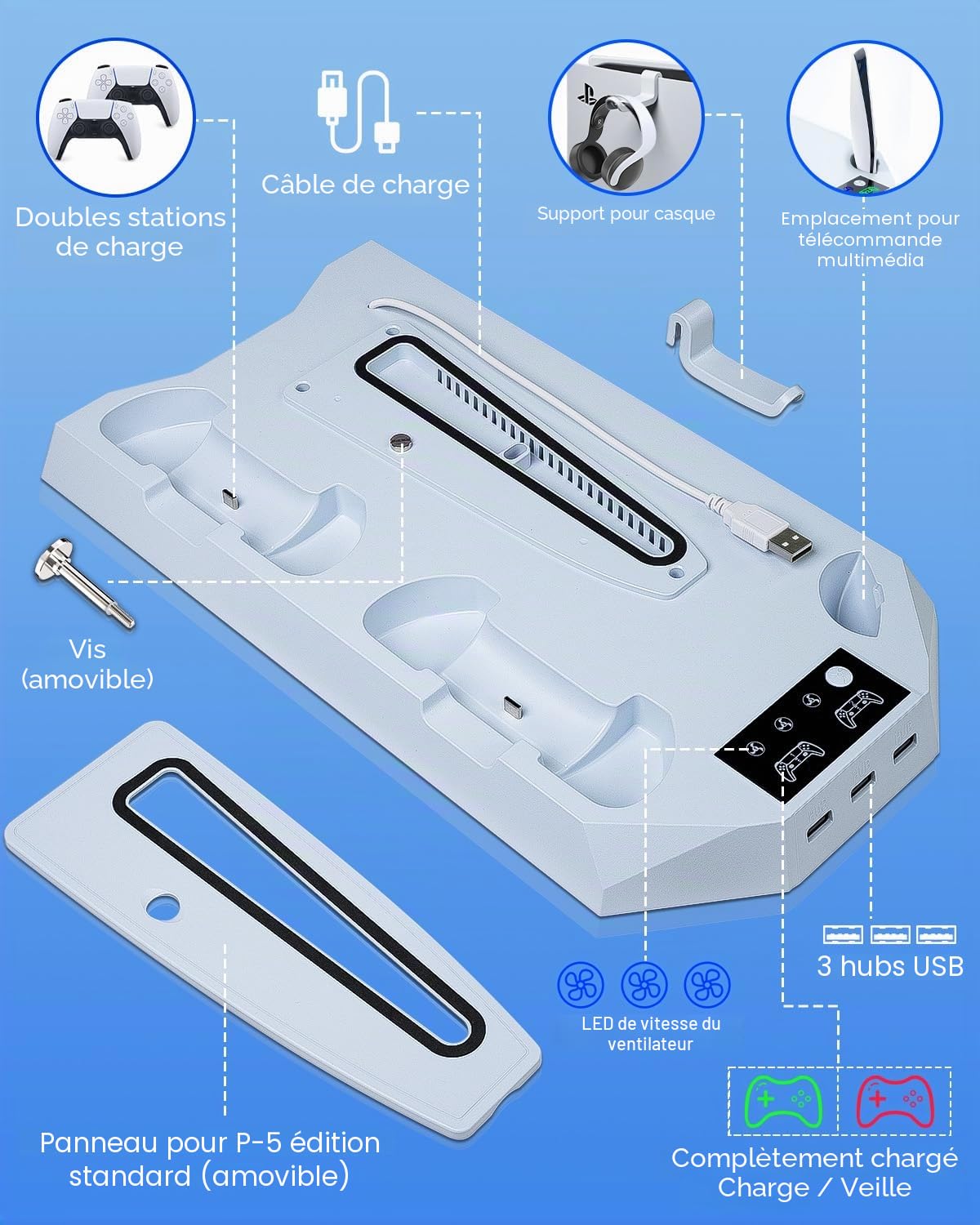 Sehawei Support PS5/PS5 Pro avec Ventilateur de Refroidissement et Chargeur Manette PS5, Ventilateur PS5 avec Télécommande pour PS5/PS5 Pro/ps5 Slim Disc & Digital