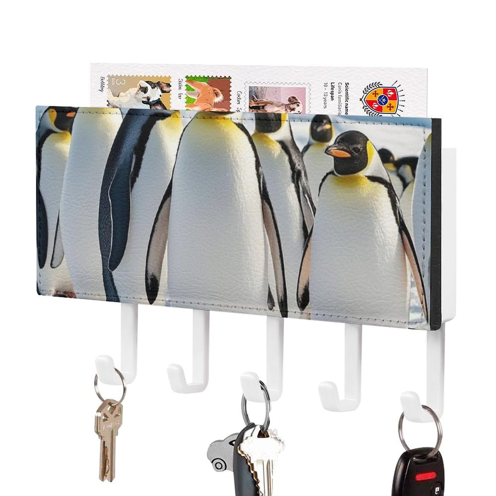 Fekiloot White-Style Cute Penguin Key Holder Wall Mount Key Hanger With 5 Hooks Decorative Key Rack Hanging Key Hooks With Mail Organizer Key Holder For Wall Living Room Kitchen Bathroom Hallway White
