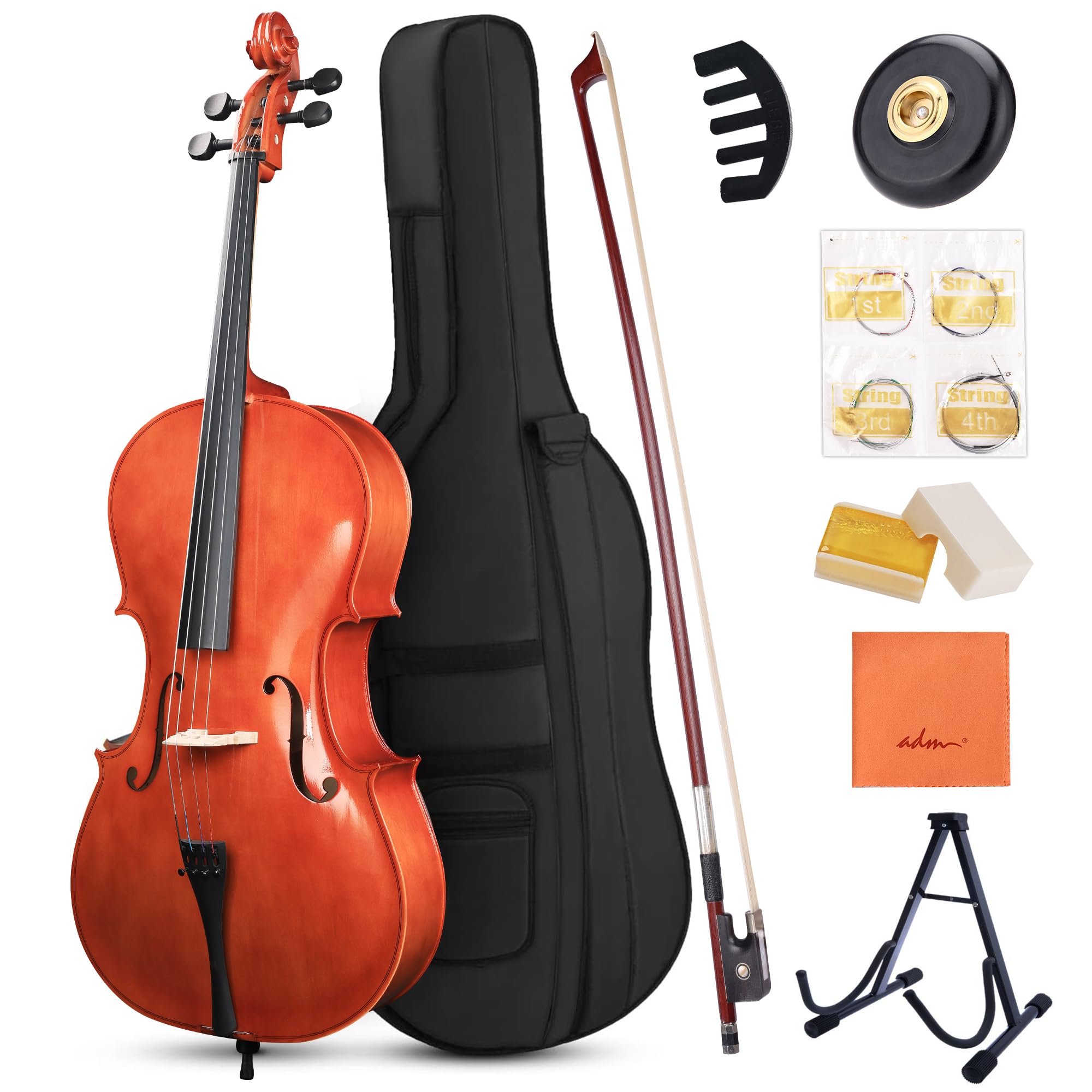 ADM 4/4 Full Size Acoustic Cello, Beginner Acoustic Cello Kit with Portable Bag, Stand, Bow, Mute, Rosin, Endpin Holder for Beginner Adults & Students