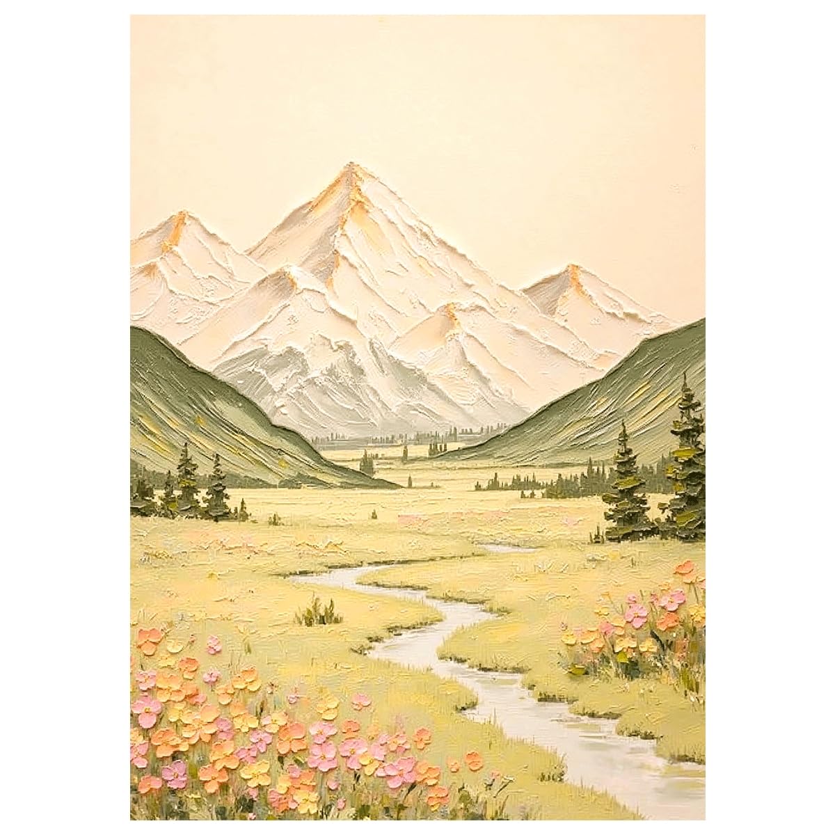 LCDIUDIU Oil Paintings On Canvas Spring Meadow Stream Wildflower Landscape Wall Decor Sunlit Golden Snow Mountain Wall Art Modern Aesthetic Unframed Artwork for Living Room Office 50X70Cm(20X28Inch