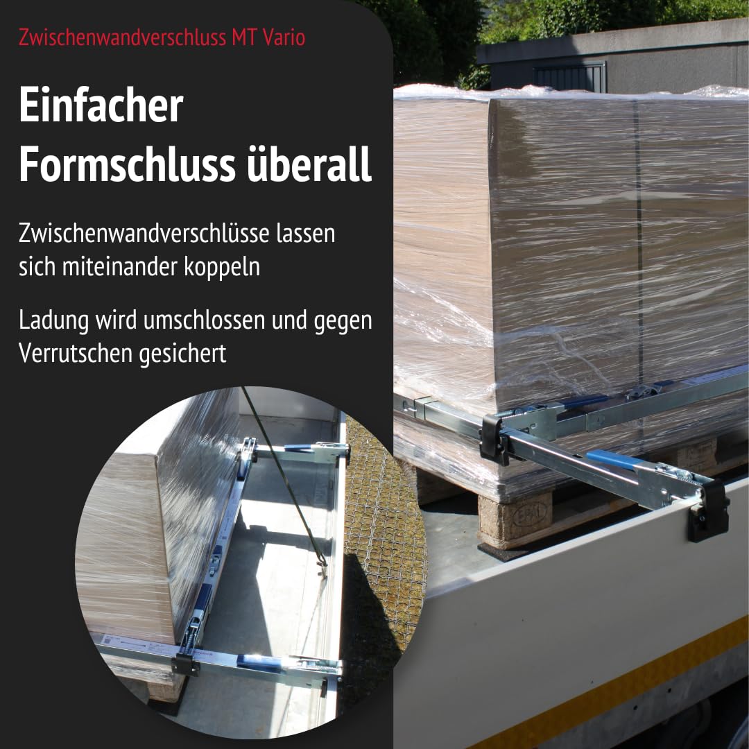 Zwischenwandverschluss MT Vario | Spannbrett mit 1.140–2.710mm Spannbereich und 8–54mm Klemmbereich | Zur sicheren Ladungssicherung Gütern (1, Silber)