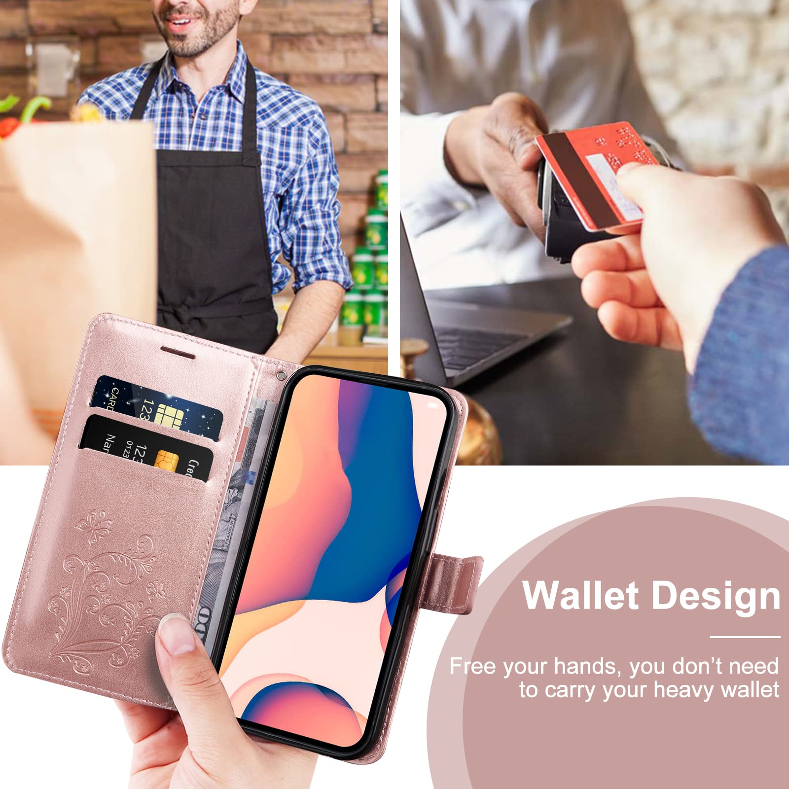 DENDICO Google Pixel 8 Case, Butterfly Printed PU Leather Magnetic Wallet Case, Flip Case for Google Pixel 8, Rose Gold in use