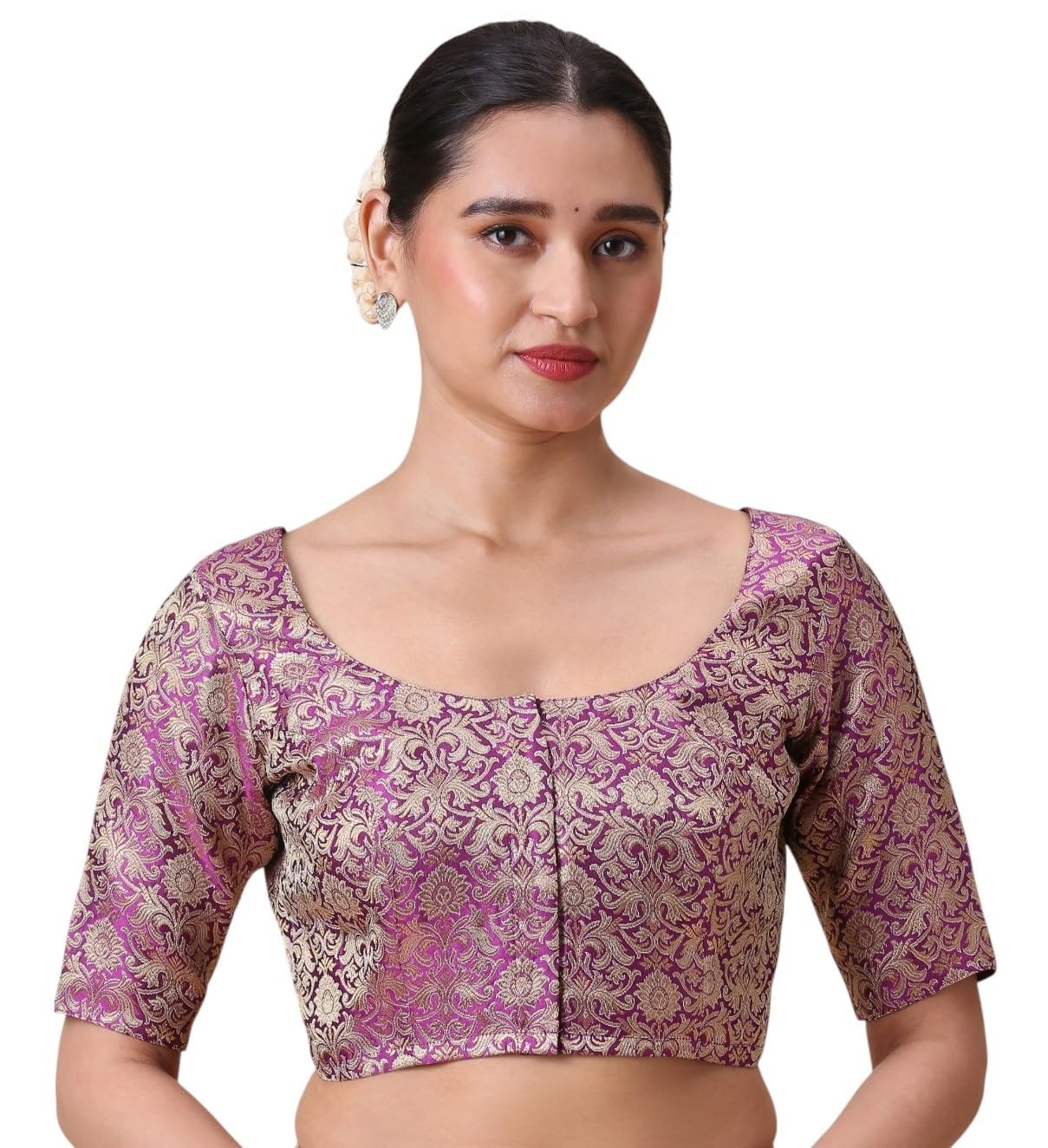 studio shringaar Women's Wine Benarsi Zari Brocade Readymade Saree Blouse-picture-53