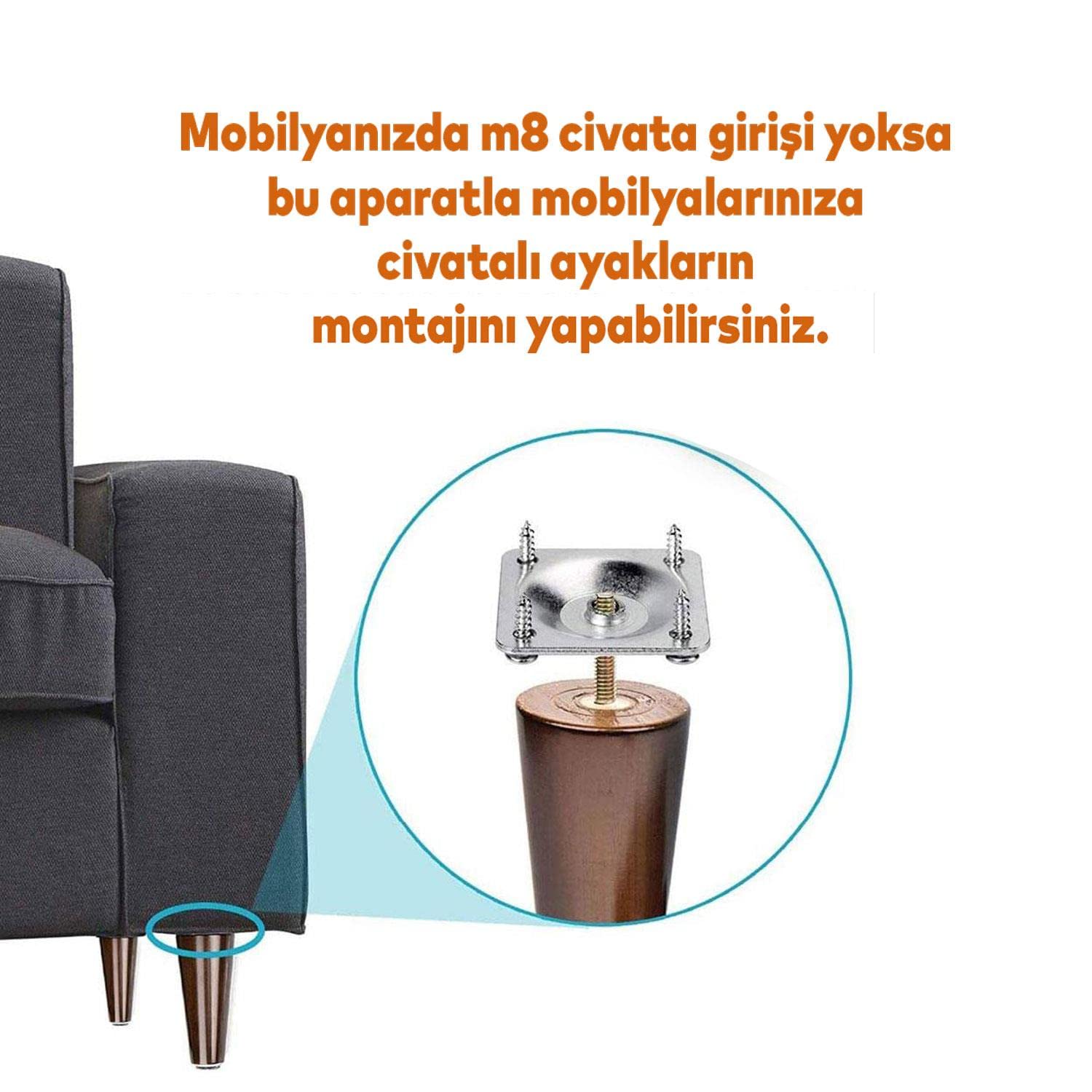 (12'li SET) Metal Mobilya Kanepe Koltuk Baza Yatak Çekyat Yükseltme Ayağı Ayakları M8 Civata Krom 12 Cm