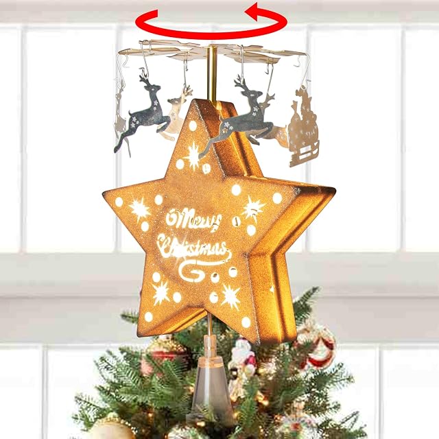 EAMBRITE Christmas Star Tree Topper Pre-lit Golden Star Tree Topper with Flying Reindeer Decorations Plug in for Indoor and Outdoor Décor - Warm White Led