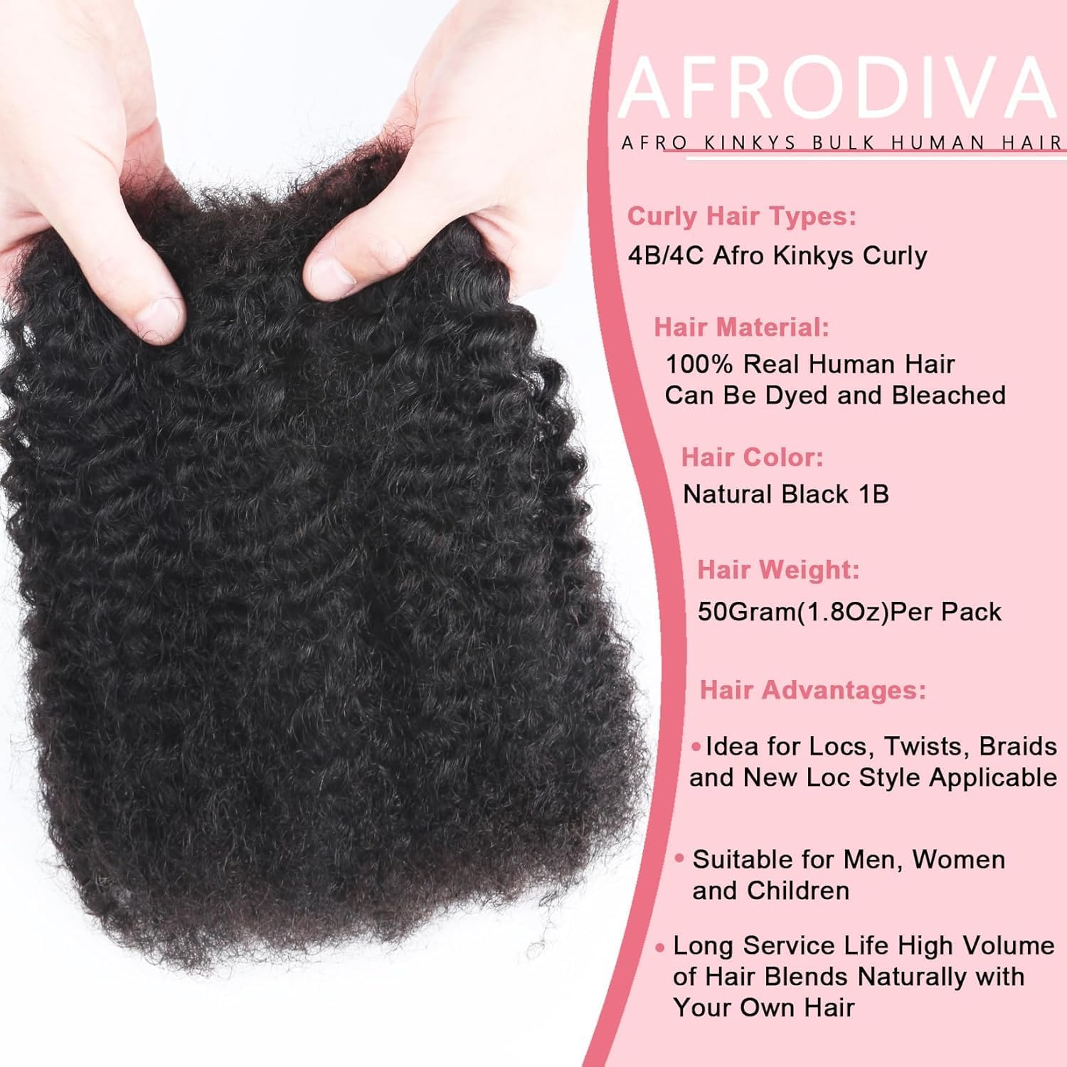Afro Kinkys Bulk Human Hair for Dreadlocks Kinky Curly Hair for Loc Extensions 100% Real Human Hair Afro Kinky-Curly Human Braiding Bulk Hair for Twist & Repair Locs 50 Gram 16 Inch Black