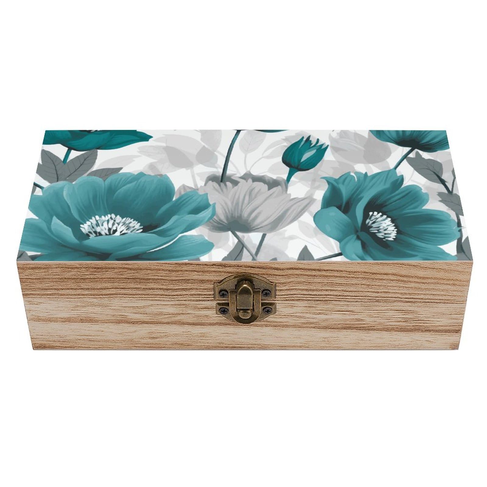 Boîte de rangement en bois aux finitions artisanales et motif floral chic bleu sarcelle