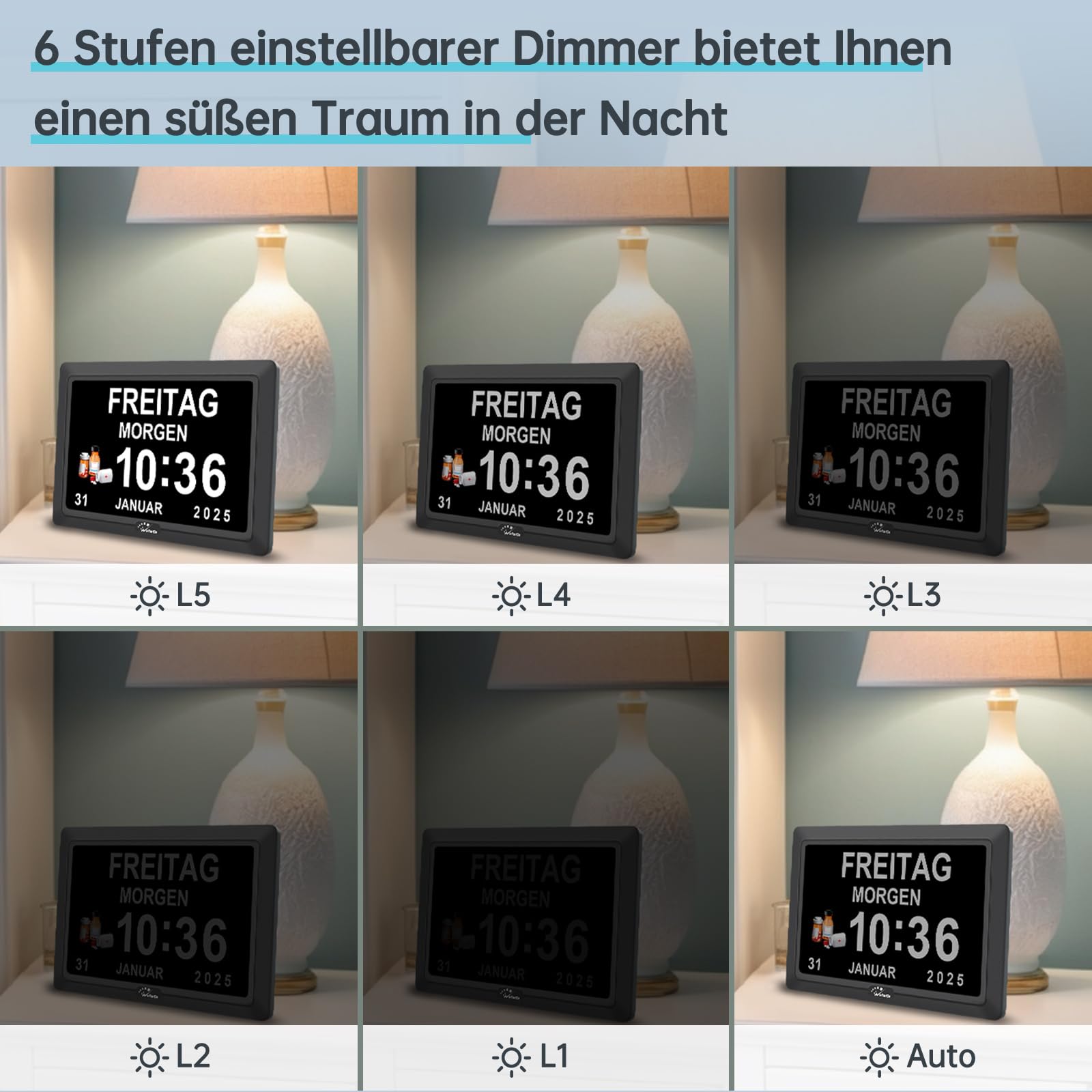 WallarGe Digitaler Demenz Uhr Großes Display für Senioren, Plug in elektrische Datum Tag der Woche Kalender Uhr 20 Erinnerungen 3 Klingeltöne 10 Stufen Lautstärke, Auto DST (7 Zoll,Schwarz)