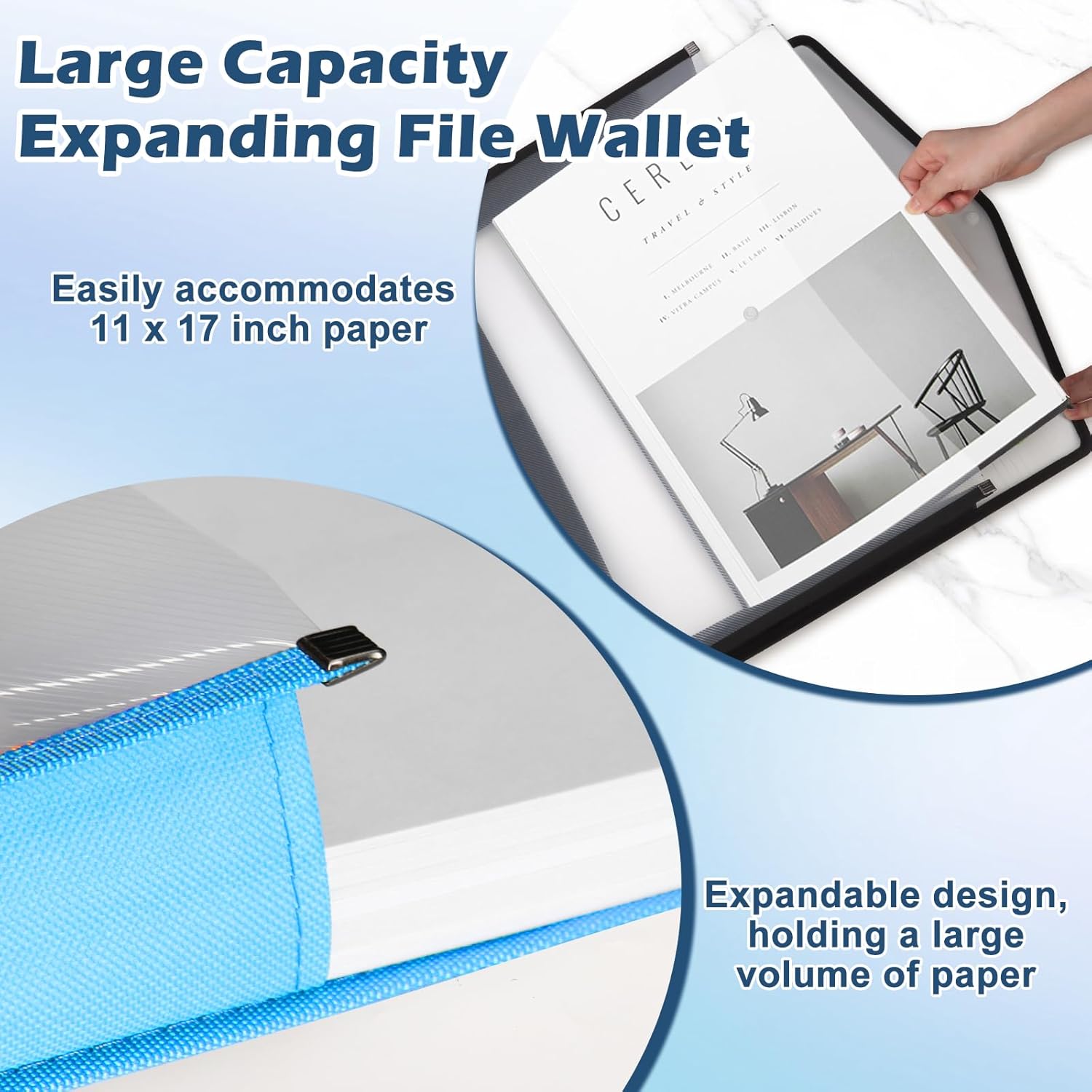 6 PCS 11 x 17 Inch Expandable Tabloid Size Document Folder with Label A3 Plastic Folders for Documents Expanding File Wallet Envelope Size Waterproof Black Pink Blue Clear Plastic File Pouch