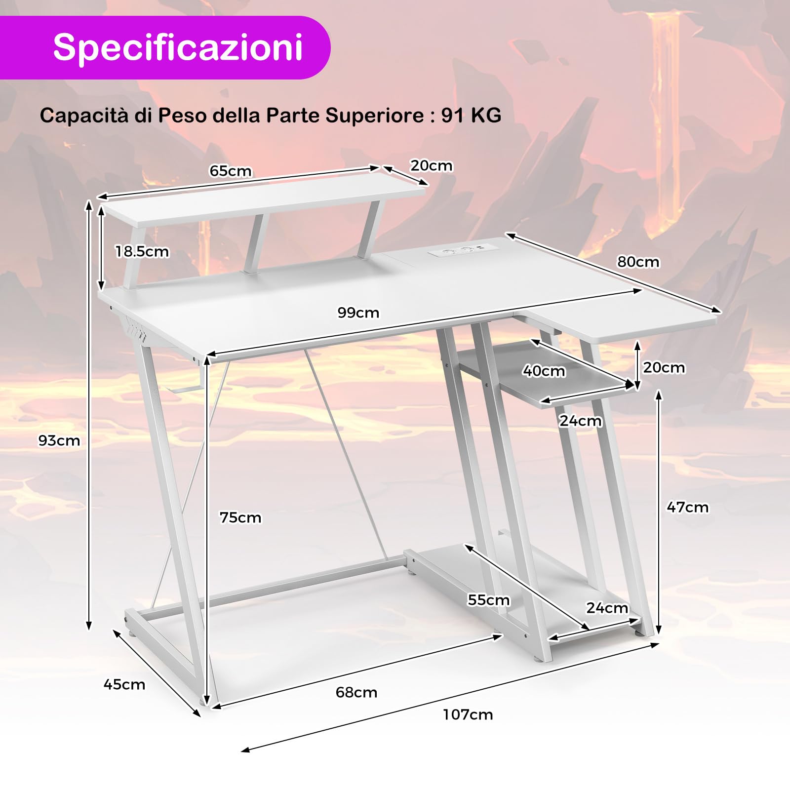 COSTWAY Scrivania Angolare Salvaspazio, Scrivania da Gaming con Prese, Porte USB, Ripiano per Monitor, Gancio per Cuffie, Ripiano e Supporto per CPU, Scrivania ad Angolo per Casa e Ufficio (Bianco)