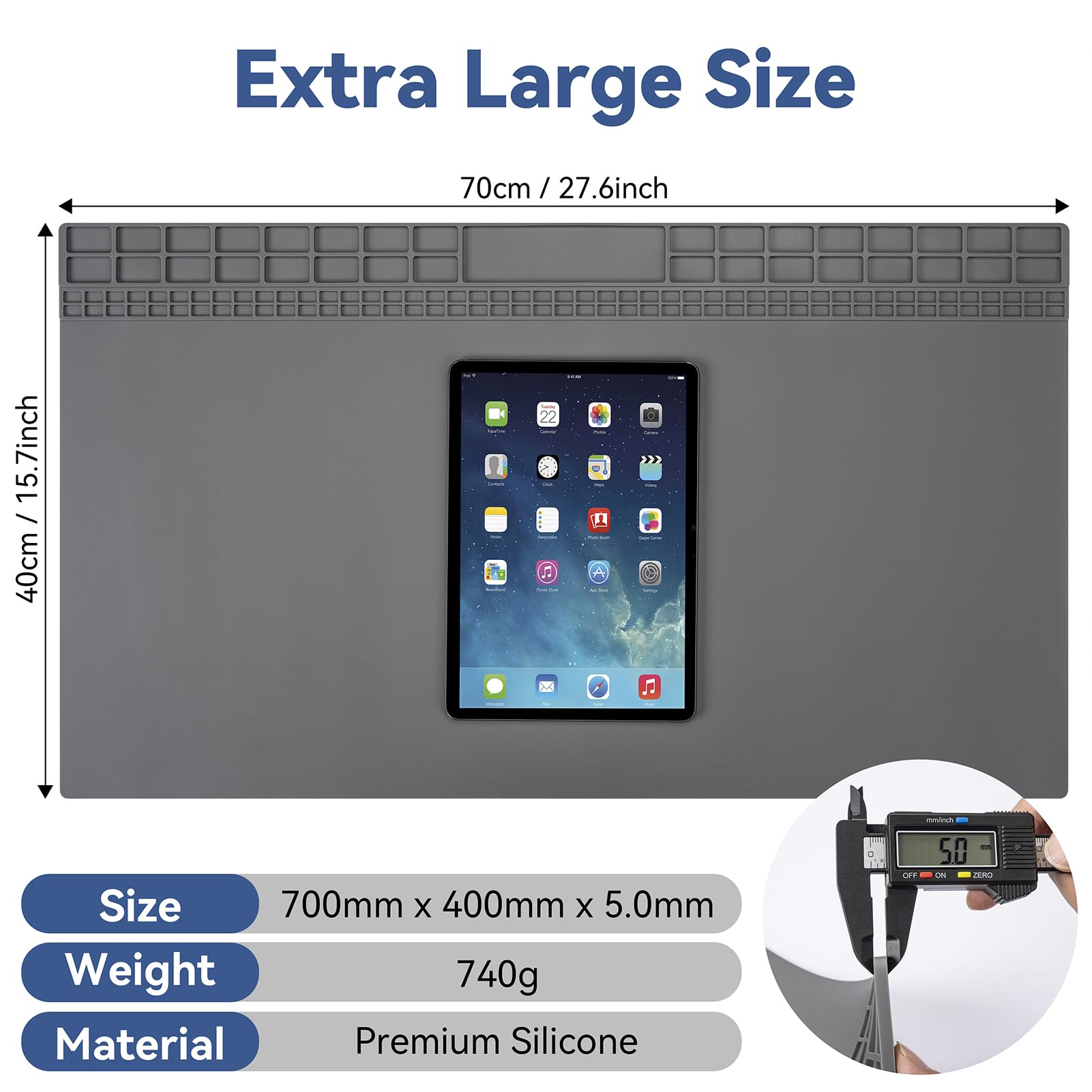 Kaisi Tappetino per saldatura, extra large, 70 x 40 cm, oversize 500 °C, in silicone resistente al calore, grande cuscinetto per banco da lavoro per riparazione elettronica, telefono, orologio, laptop