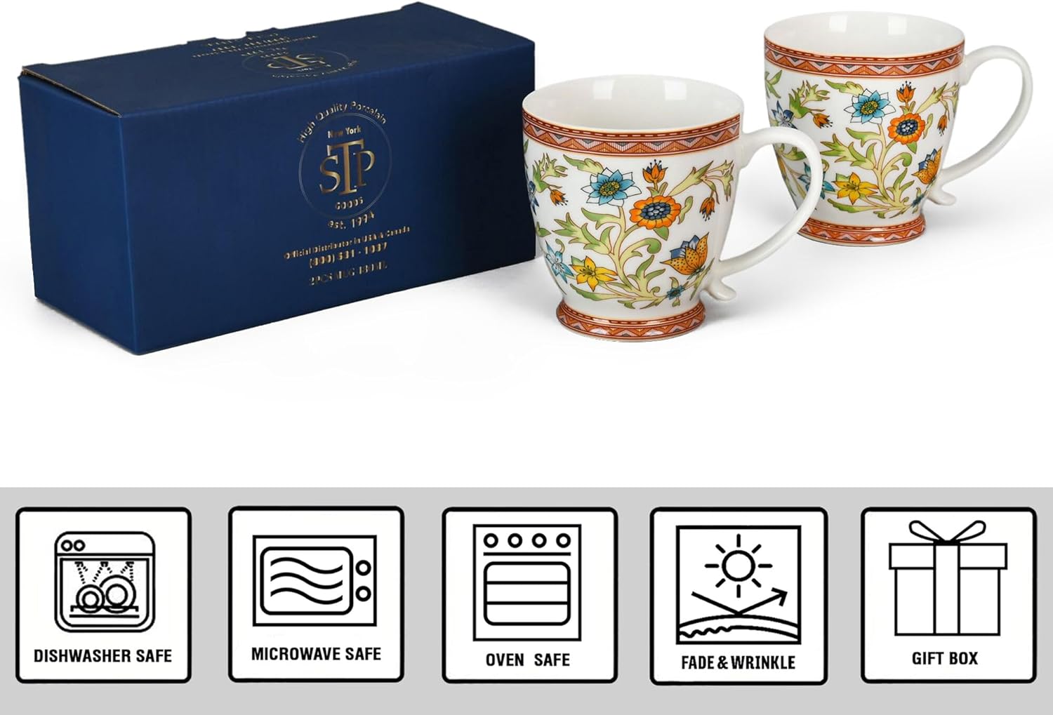 STP GOODS Porcelain Mug 13.5 fl. oz. - Set of 2 in Gift Box Coffee Cup, Gift for Women and Men (Fleurs des Prairies)