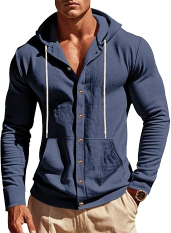 Mens 2025 Long Sleeve Button Down Linen Shirts Lightweight Summer Casual Hawaiian Beach Tops Solid Shirt with Hood