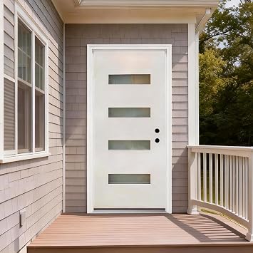 36 x 80 Fiberglass Entry Door with 4-Lite Frosted Glass, Contemporary Style Left Hand Inswing White Color with 4-9/16 Vinyl Frame, Knock-Down Design, White