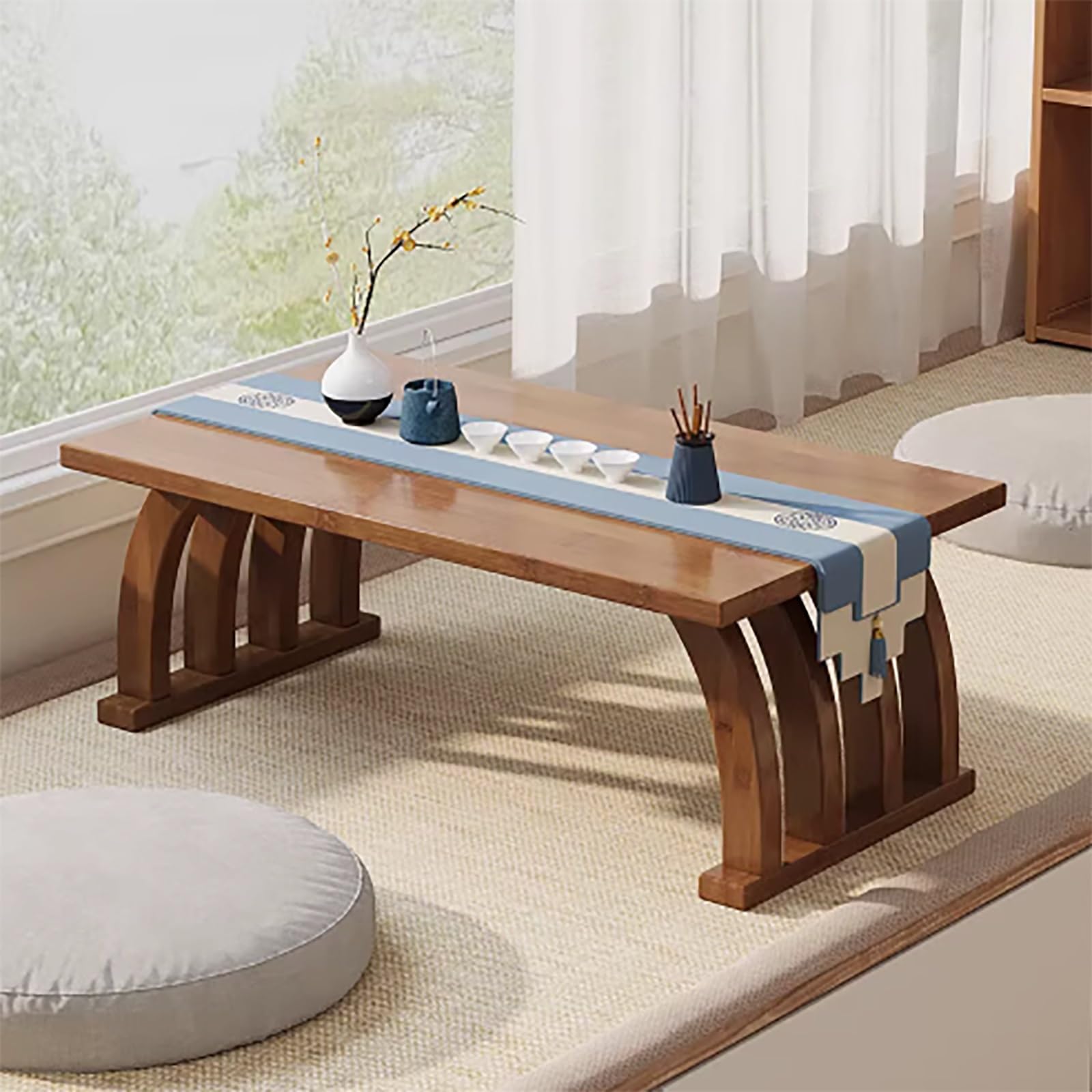 Jidanmian Bay Window Low Table,Japanese Floor Table,Curved Legs Bamboo Meditation Table(100xx37x31cm)