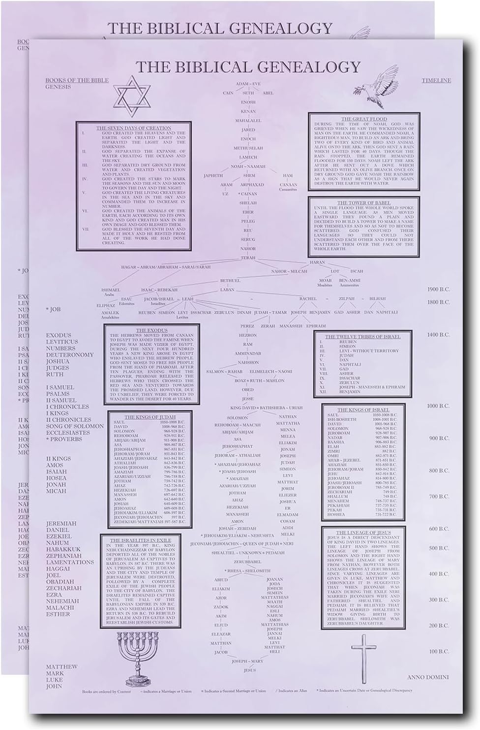 Asbury Rose Biblical Genealogy Chart – Bible Family Tree from Adam to Jesus Christ, Clear and Easy to Follow Timeline, Gift for Pastors, Bible Study Leaders, Christians (2 Pack)