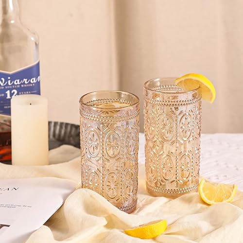 Miniatura 3 de Juego de 4 vasos de vidrio ámbar vintage, vasos de vidrio resistentes de 12 onzas, vidrio antiguo, juego de vasos altos para fiestas, bodas, hogar,