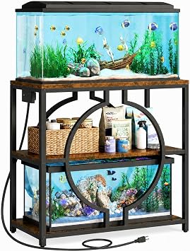 HavenlyYouth 20-29 Gallon Aquarium Stand with Power Outlet, 3 Tier Heavy Duty Metal Fish Tank Stand with Storage Shelf, Fish Tank Table for Home Office, 31.5" L x 15.7" W x 31.2" H, Rustic Brown