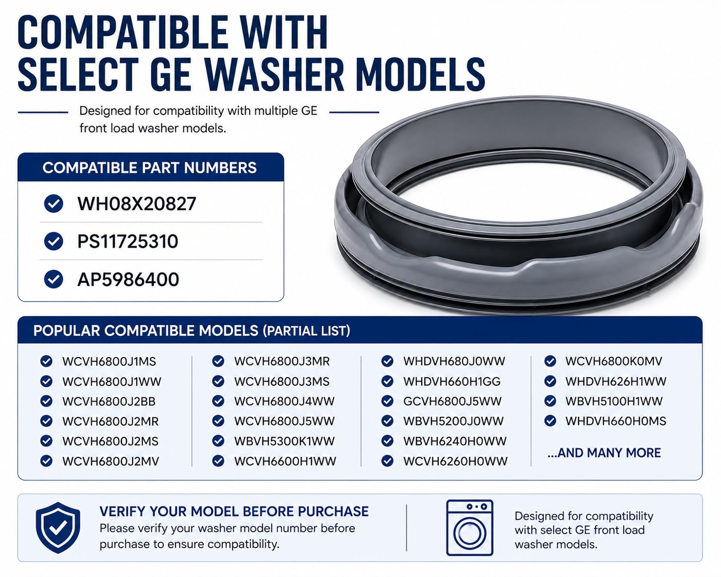 Guarnizione per sportello del bagagliaio, compatibile con rondelle di carico anteriore, sostituisce WH08X20827 PS11725310 AP5986400, progettata per una corretta compatibilità e funzionamento della