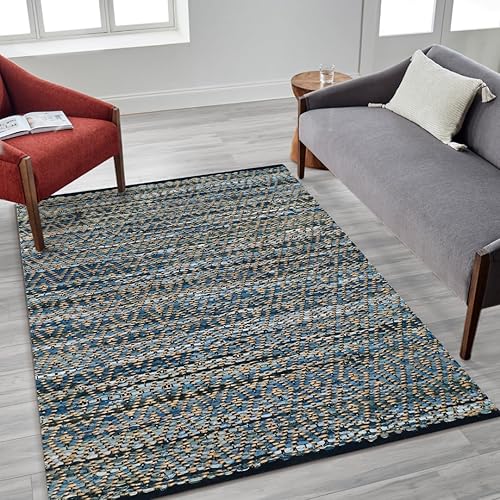 Alfombra de yute de mezclilla de 3 x 5 pies, alfombra de área tejida a mano rústica - Alfombra antideslizante para dormitorio, sala de estar,