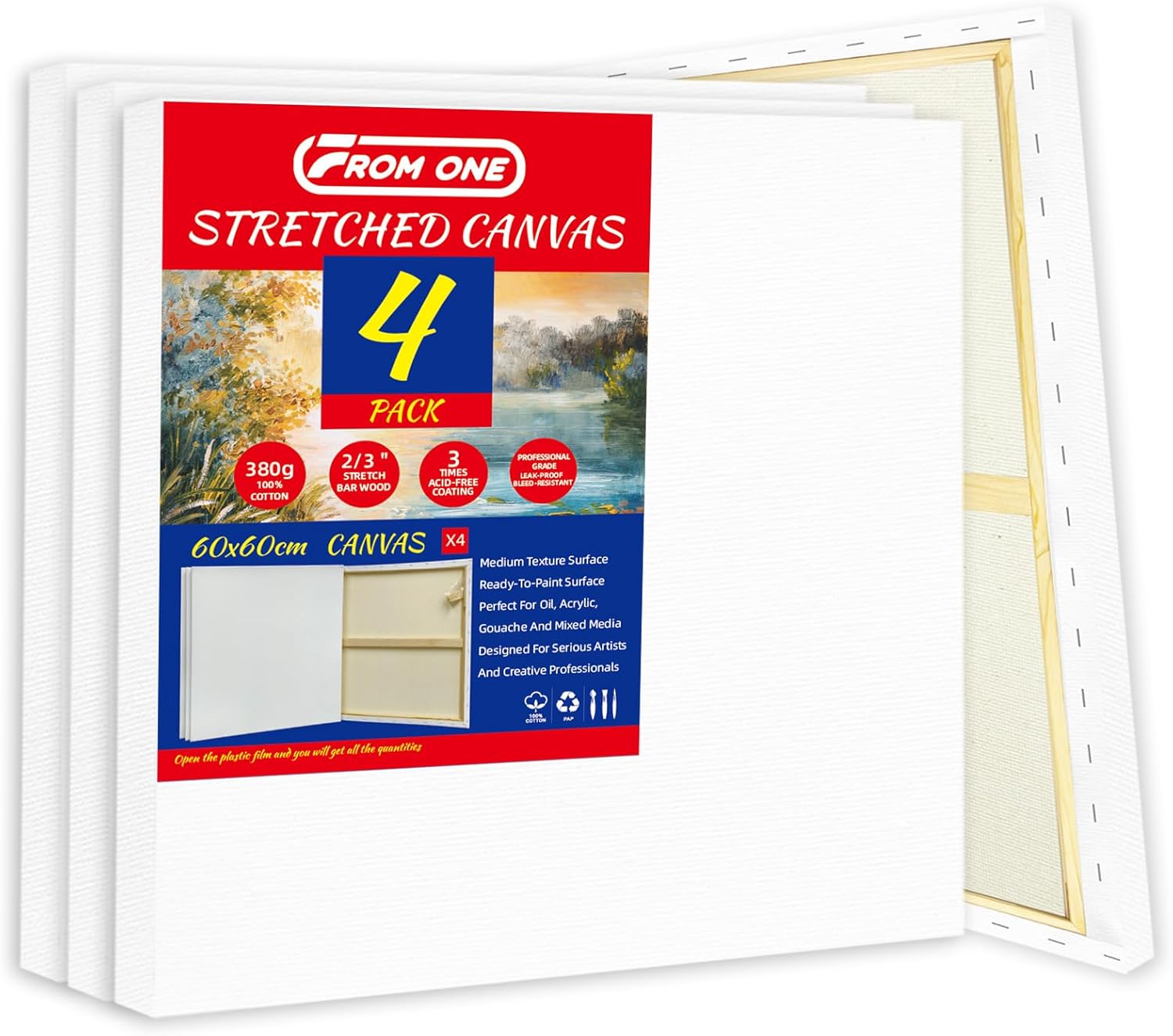 4 Pack Stretched Canvases 24 x 24 inch –13.4oz (380gsm) Heavy-Duty 100% Cotton Canvas with Triple Gesso & Pre-Primed & Warp-Resistant Wood Frame for Oil, Acrylic & Mixed Media Artists