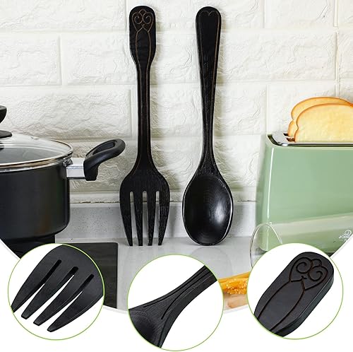 Miniatura 4 de Yulejo Decoración de pared de tenedor y cuchara grande, decoración rústica de cocina, 2 piezas, cuchara de madera, letrero de pared, tenedor, arte