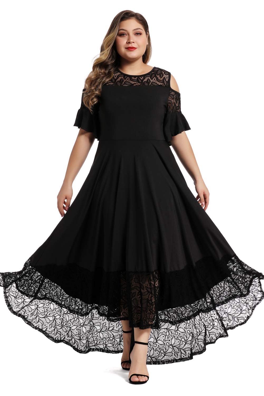 LALAGEN Womens Plus Size Lace Cold Shoulder Long Swing Evening Party Maxi Dress Black 1X