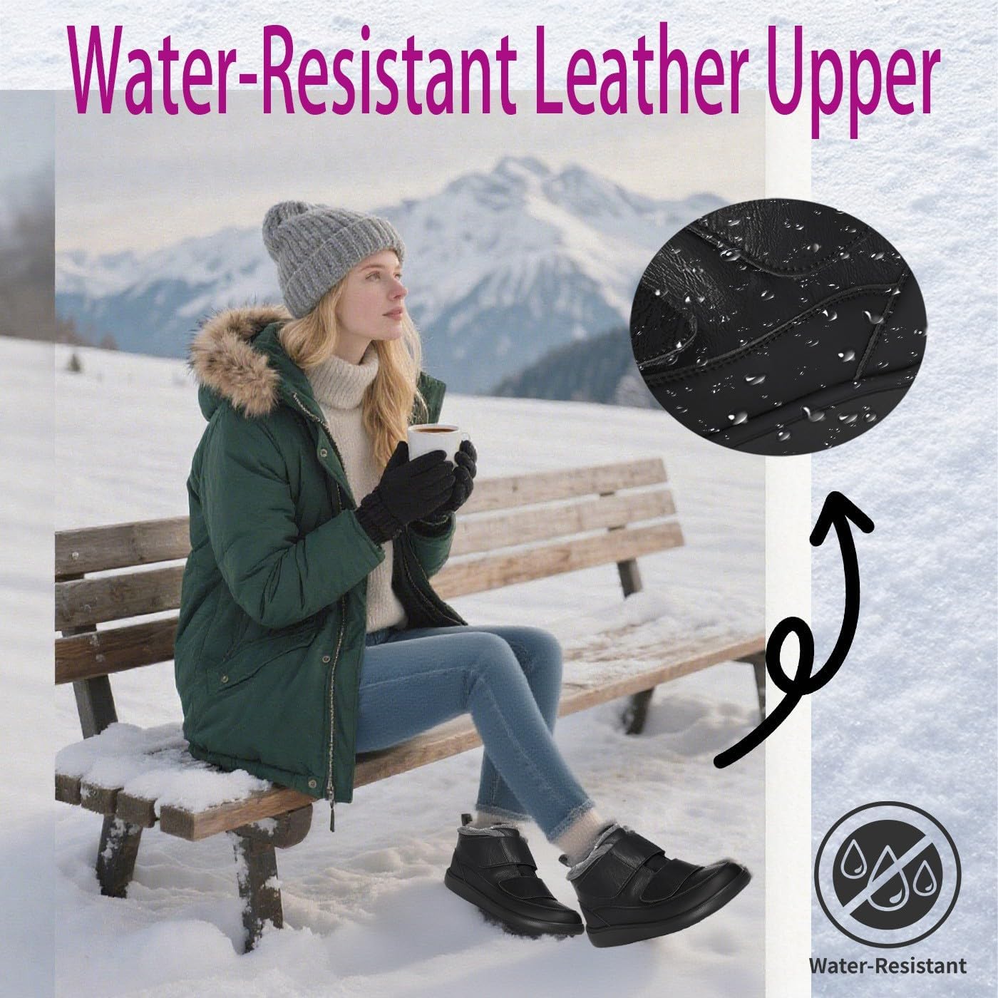 Hsyooes Diabetic Boots for Women Wide Width Winter Snow Boots Warm Fur Lining Water Resistant Anti-slip Snow Shoes Comfortable Adjustable Straps Winter Shoes for Swollen Feet