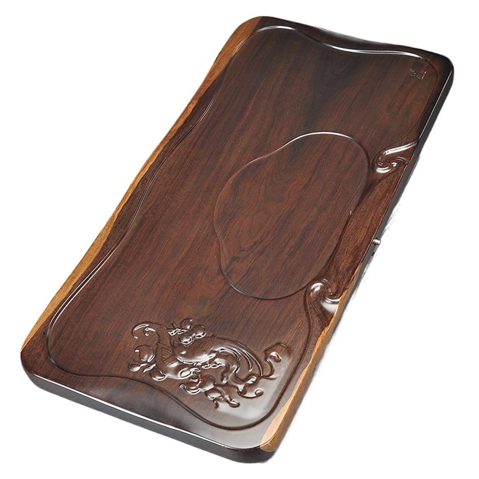 Bandeja de té de madera, tallado de ébano sólido, bandeja grande para servir té chino Kungfu para juego de té, diseño de superficie plana completa para experiencias de té elegantes