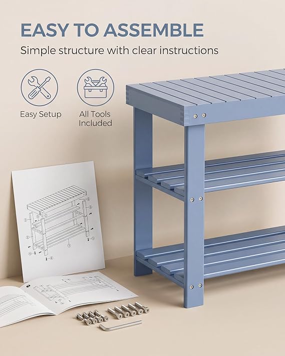 SMIBUY Bamboo Shoe Rack Bench, 3-Tier Shoe Organizer Storage Shelf for Entryway Hallway Bathroom Living Room (Grey)