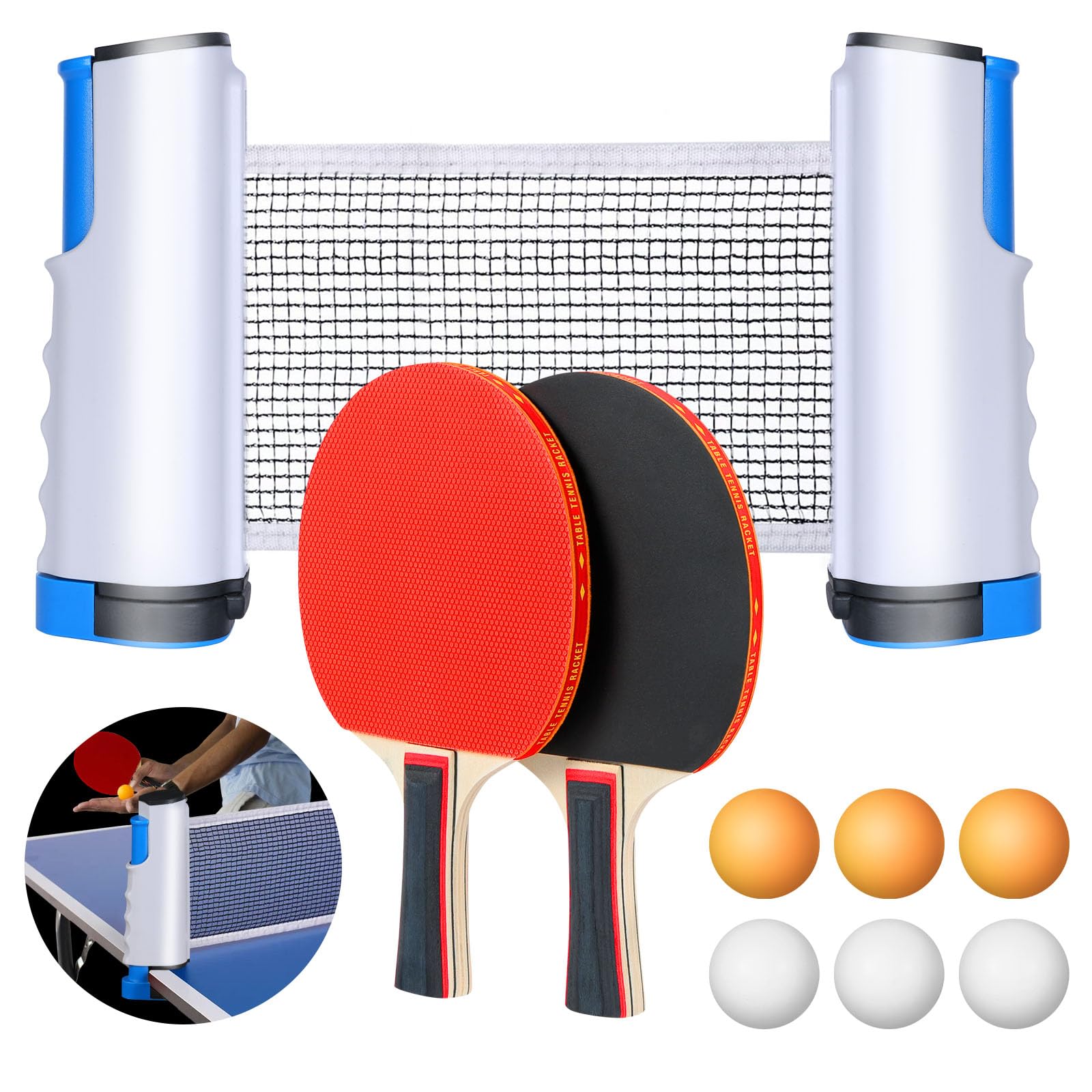 flintronic Tischtennisschläger Set, 2 Tischtennisschläger + 1 Einziehbarem Netz + 6 Tischtennis-Bälle + 1 Tragetasche, Tischtennisschläger Set für Anfänger und Fortgeschrittene,Familien und Profis
