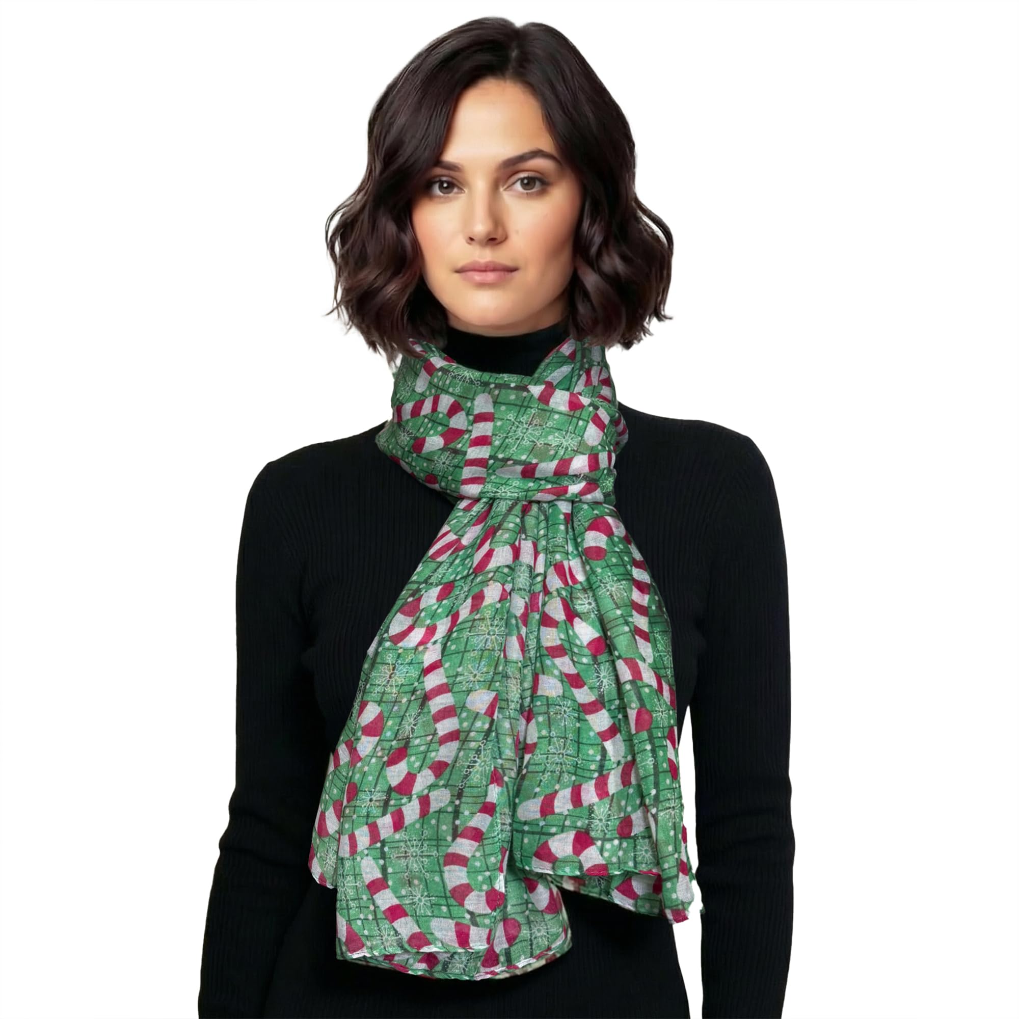 Basic Sense Women's Green Christmas Scarf, Lightweight Festive Print, Reindeer & Snowman,
