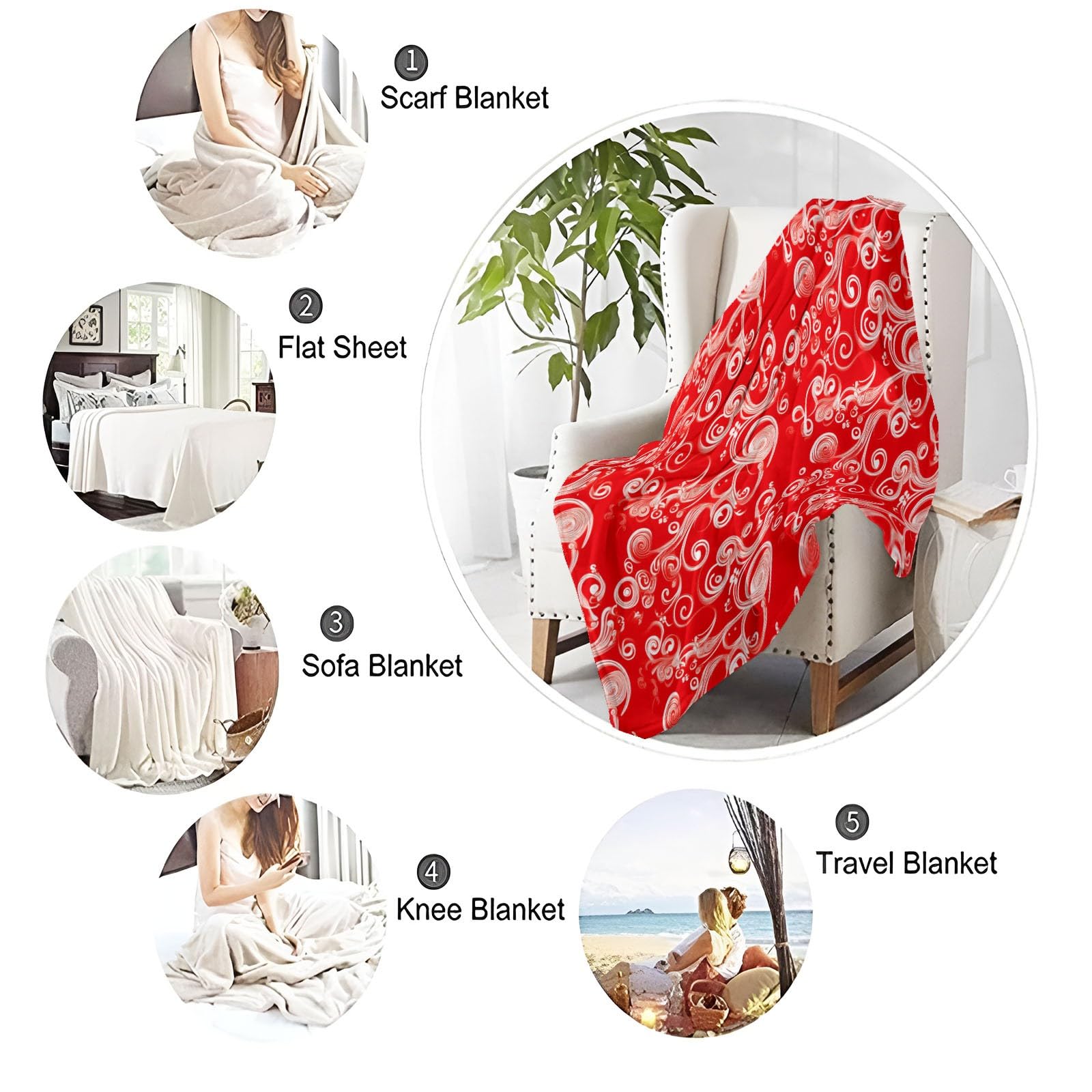 Coperta Eleganti Vortici per donne e uomini, morbida coperta in flanella per divano letto - decorazione per la cameretta dei bambini, 150 x 200 cm Rosso