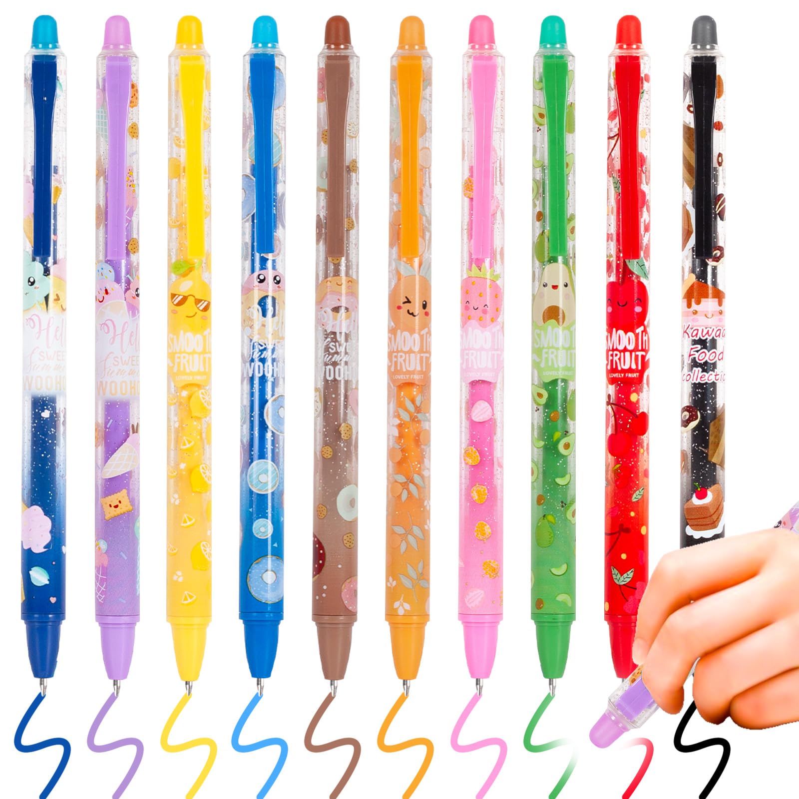 YOYTOO Erasable Gel Pens, 10 Colors Retractable Cartoon Erasable Pens Clicker Fine Point 0.5 mm, Make Mistakes Disappear, Assorted Color Inks for