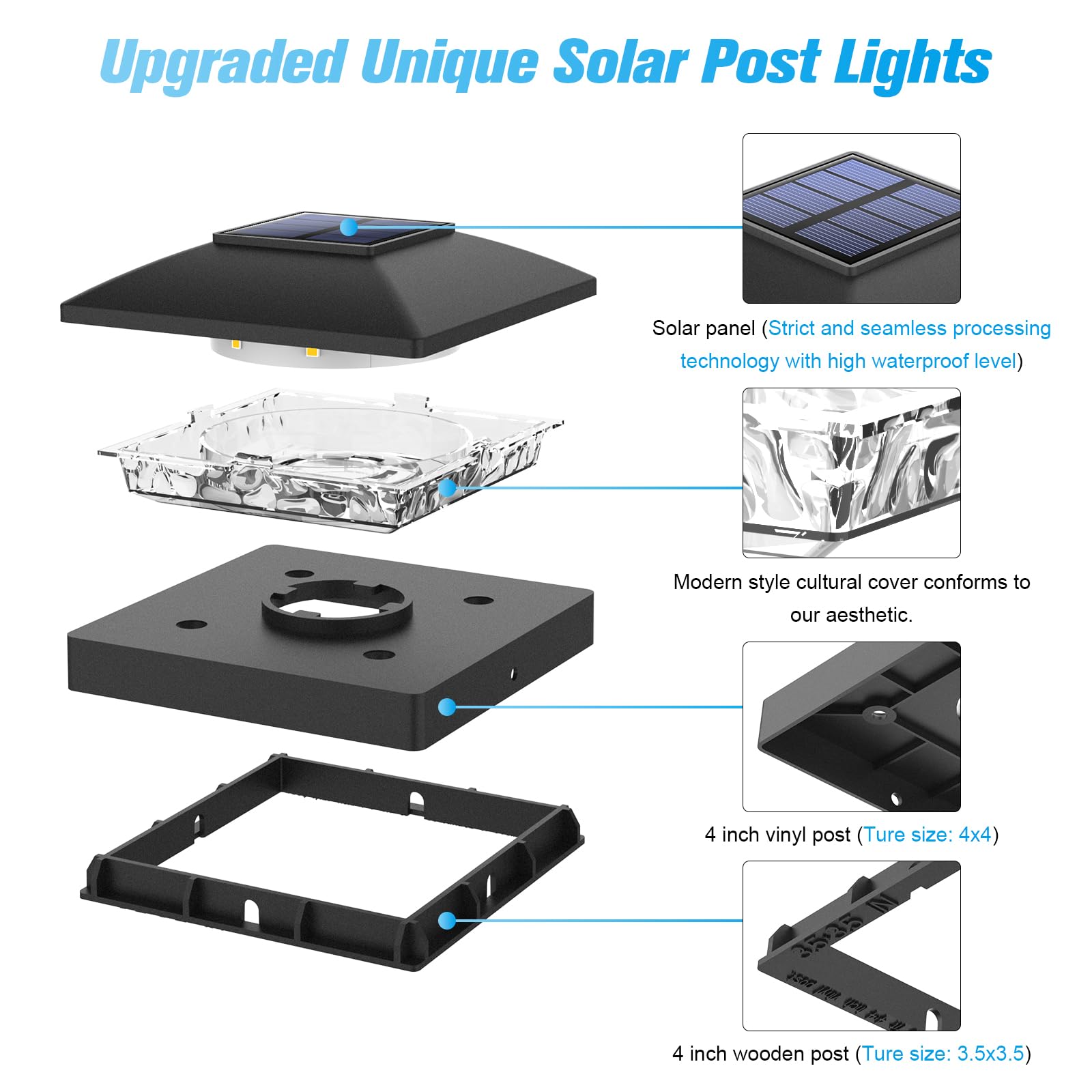 VOLISUN Confezione da 8 luci solari per pali da 4 x 4, luci solari per esterni, impermeabili, per pali in legno/vinile, luce nera per palo di copertura, alimentato a energia