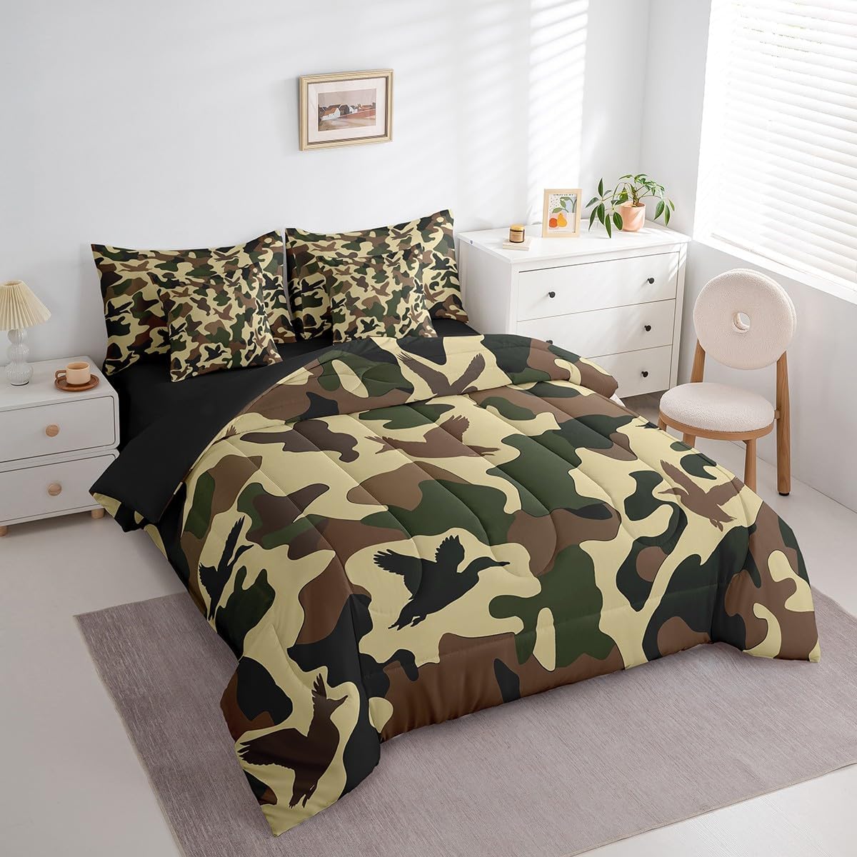 Erosebridal Camouflage 7 Pcs Comforter Set Full Size Hunting Bedding for Kids Army Duck Hunter Bed in A Bag Sheet Set Vintage Brown Green Mallard Duck Bedroom Decor Wild Animal Rustic Bed Set - Image 2