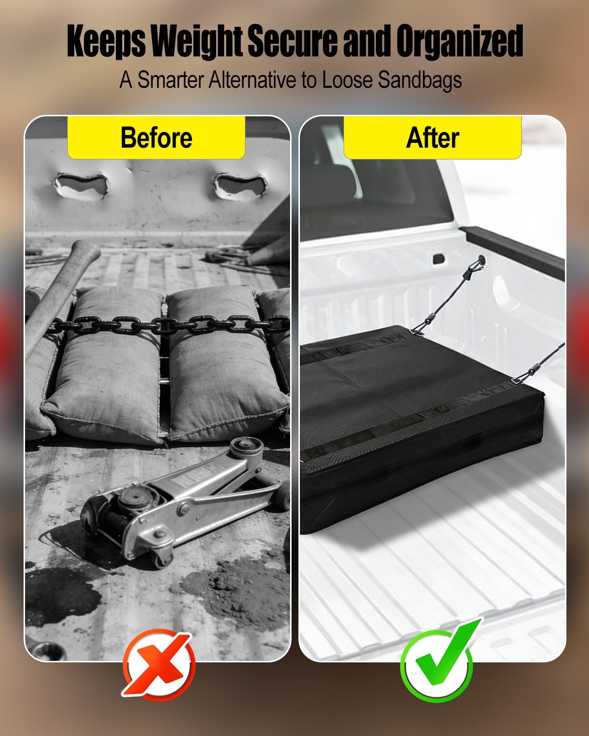 Truck Bed Weight Bag for Off-Road Traction, All Weather Weight Organizer with Adjustable Lock Buckles, Add Sand Bags or Heavy Objects to Enhance Grip and Stability on Snow Ice Mud