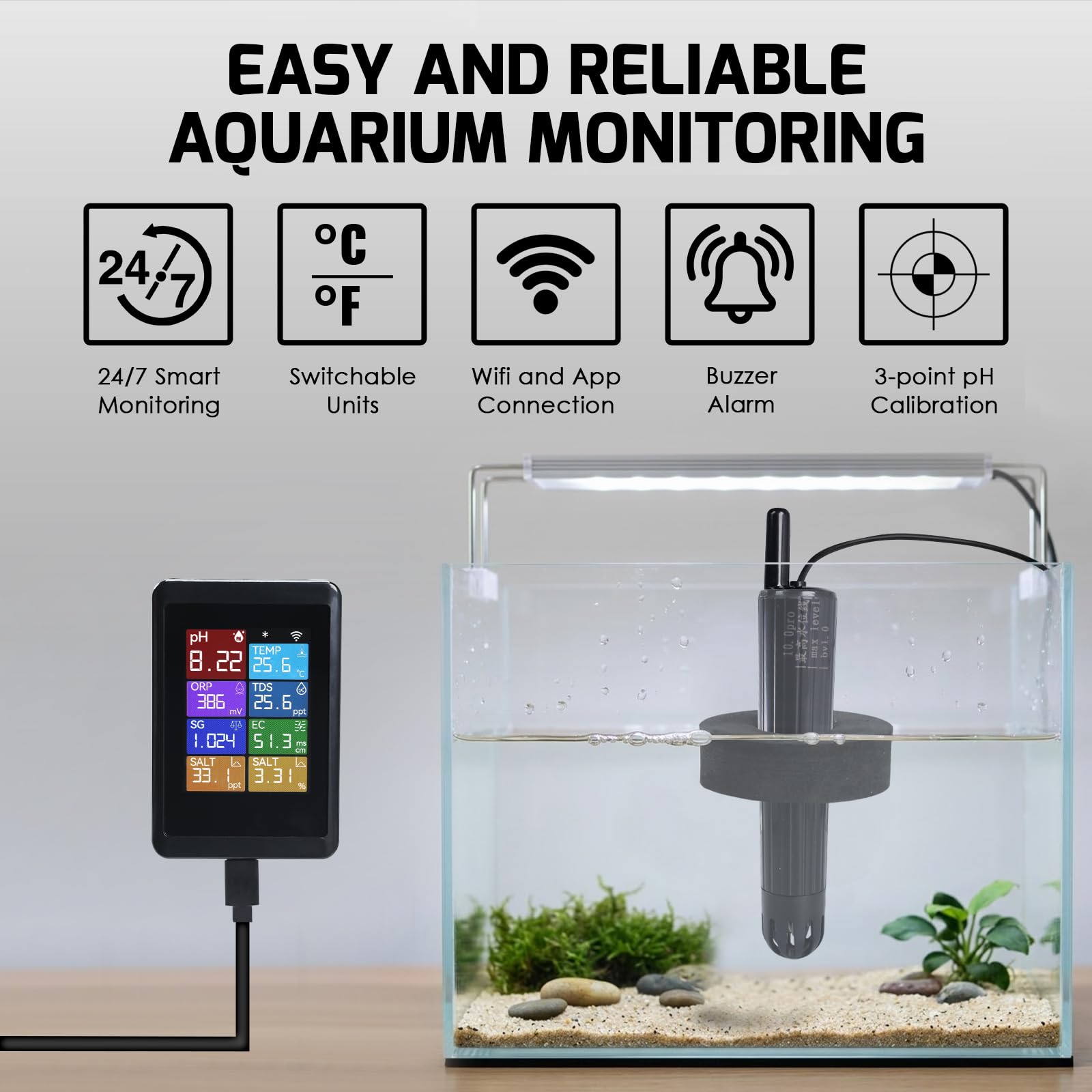 Inteligentne WLAN-pH-Messgerät, 8-in-1-Wasserqualitätstester for Hydroponik, Aquarian i Pools, misst pH, EC, TDS, Salzgehalt, ORP, SG i Temperatur dla App-Steuerung.