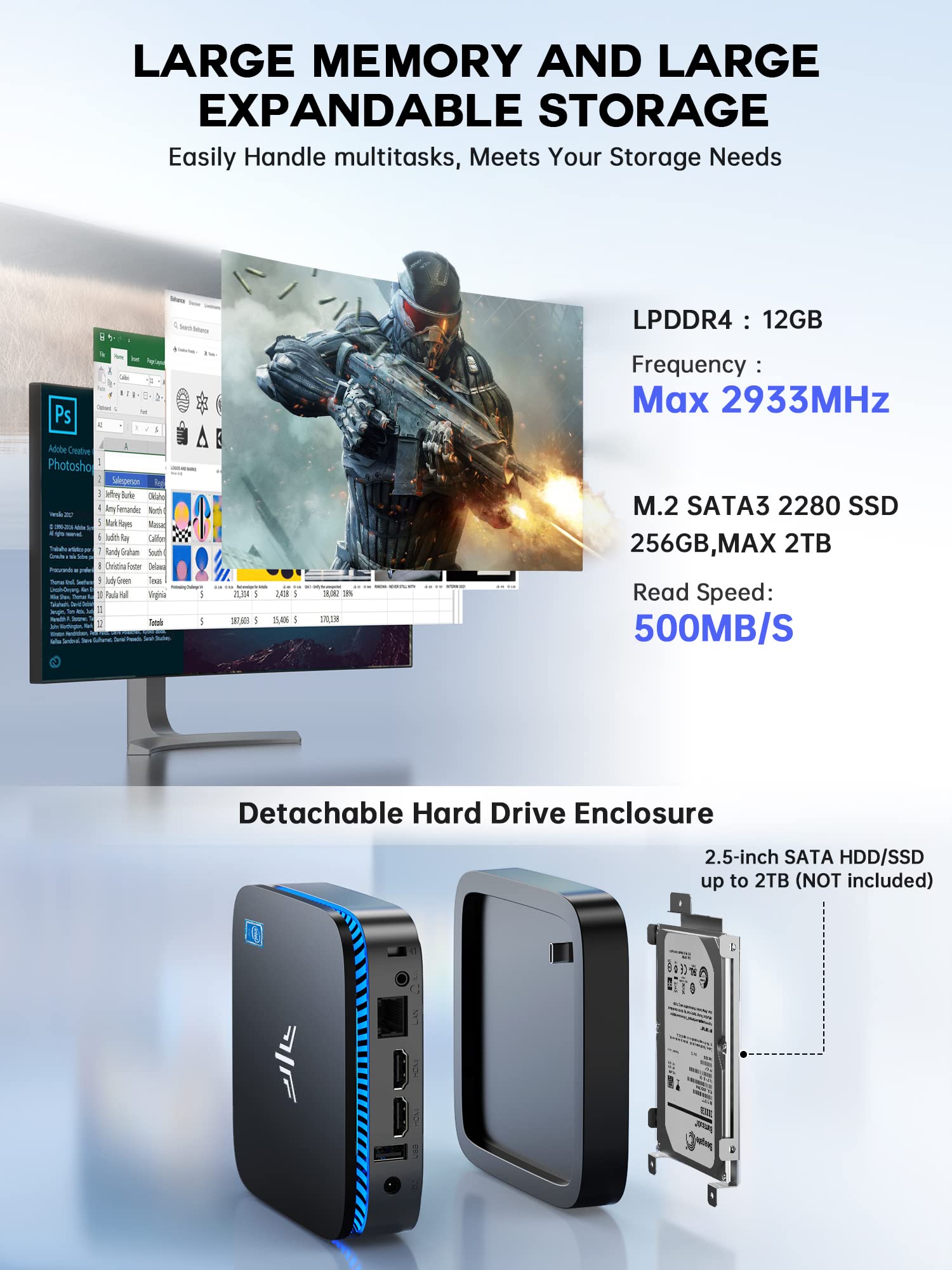 ACEMAGICIAN AK1PRO Mini PC Celeron N5105 2.9GHz 12GB RAM 256GB SSD M.2 Micro Desktop Computer, 4K UHD, WLAN, Gigabit Ethernet, HDMI X 2 für Business/Heimkino
