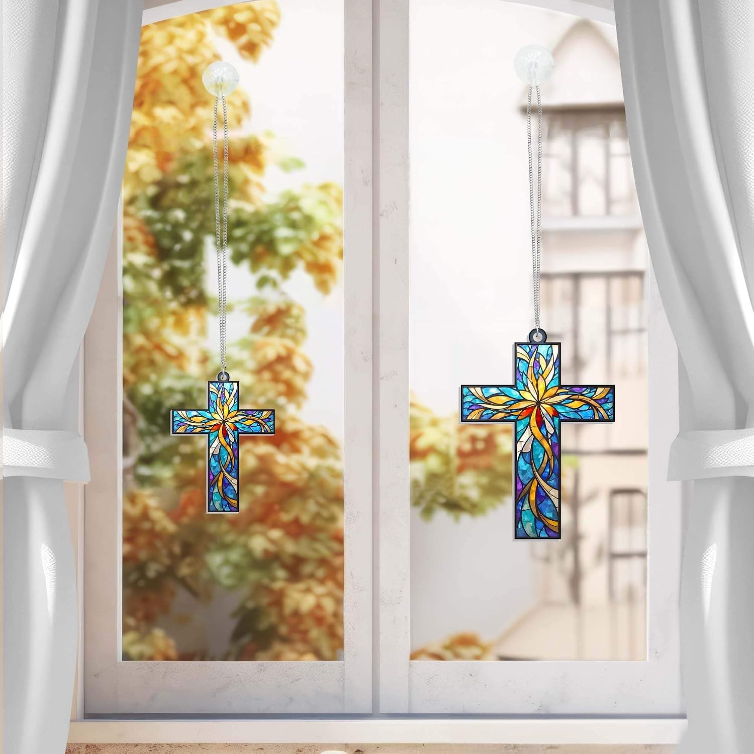 Christian Cross Suncatcher Hanging Sign MLN4414AS, 12in- Window Suncatcher Hanging for Indoor Outdoor Home Decor