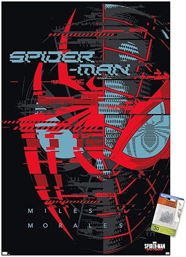 Trends International Marvel's Spider-Man Miles Morales - Póster de pared de Glitch, 22.37 x 34.00 pulgadas, paquete de póster premium y alfiler