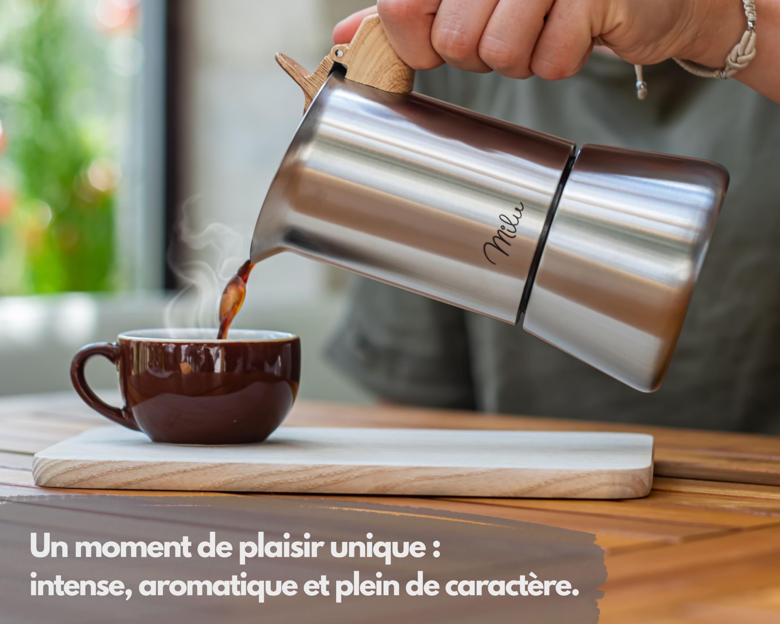 Milu cafetière Italienne Induction | 2, 4, 6, 9 Tasses | Cafetière Moka en INOX, Espresso Maker Acier Inoxydable, Ensemble comprenant un sous-verre, une cuillère (Aspect bois, 4 tasses (200ml)