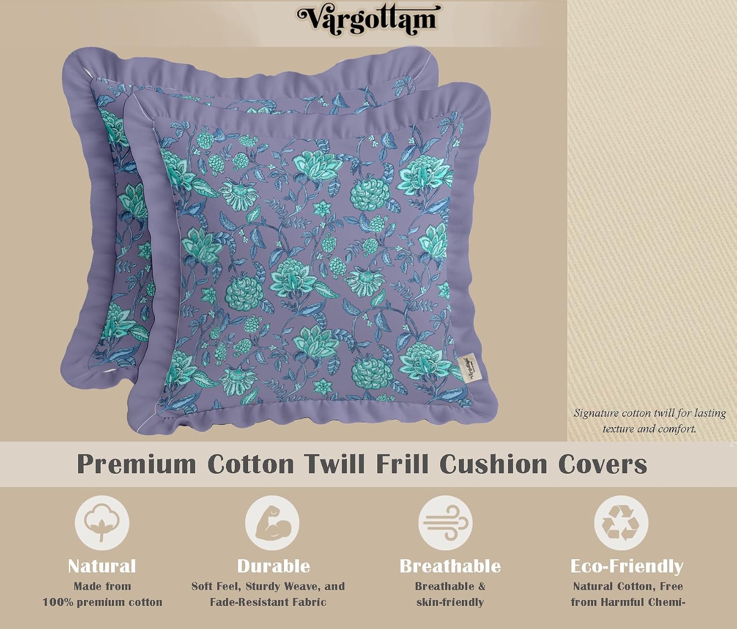Farmhouse Style Frill Pillow Covers 16x16 Cotton Cushion Covers Set of 2, Floral Pattern, Double Side Printed, Zipper Closure