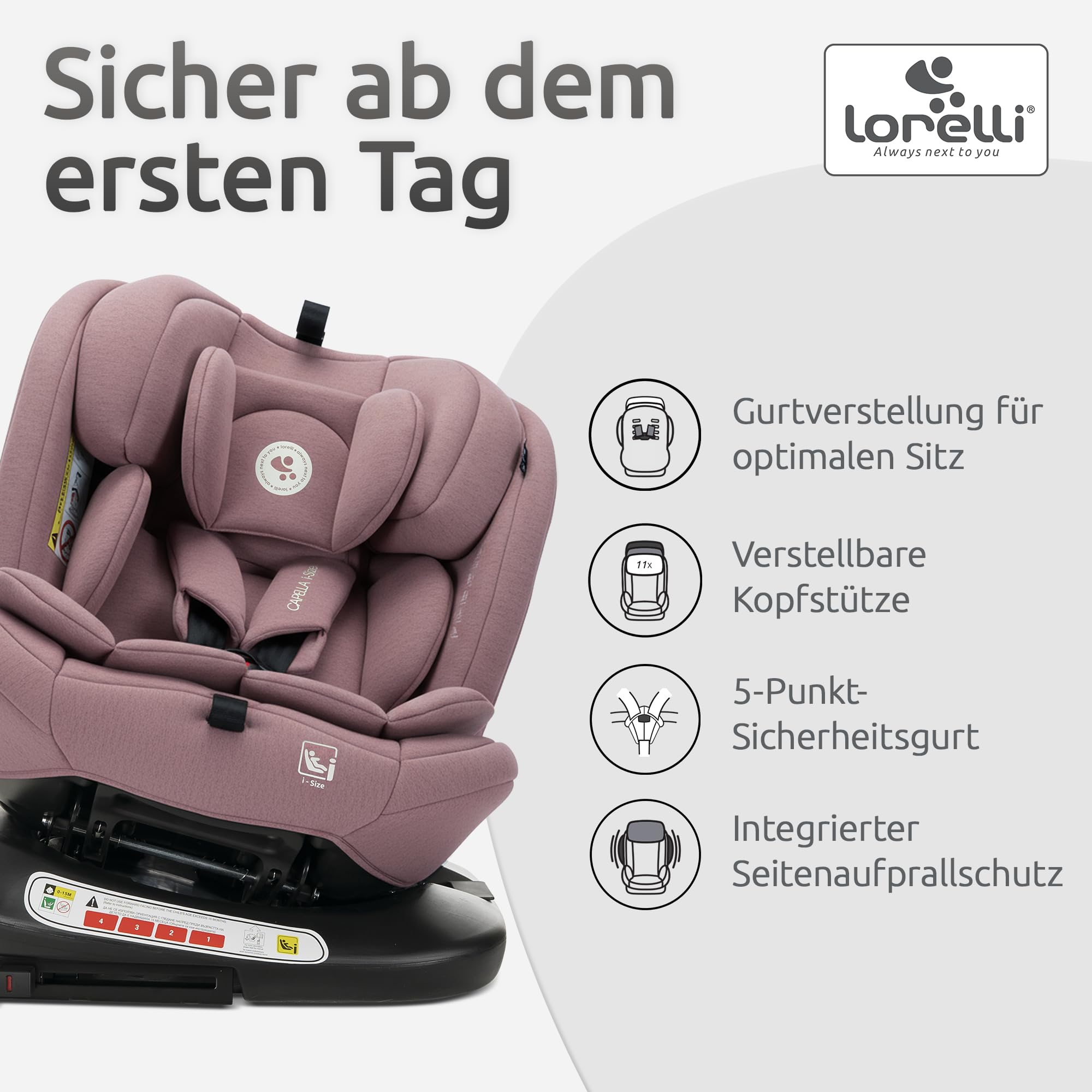 Lorelli Kindersitz drehbar 360 Grad i-Size 40-150cm mit Isofix, Mitwachsender Baby Autositz Capella, Gruppe 0+/1/2/3, 0-12 Jahre, 0-36 kg, Auto Babysitz ab Geburt, 5-Punkt-Gurt, Rosa