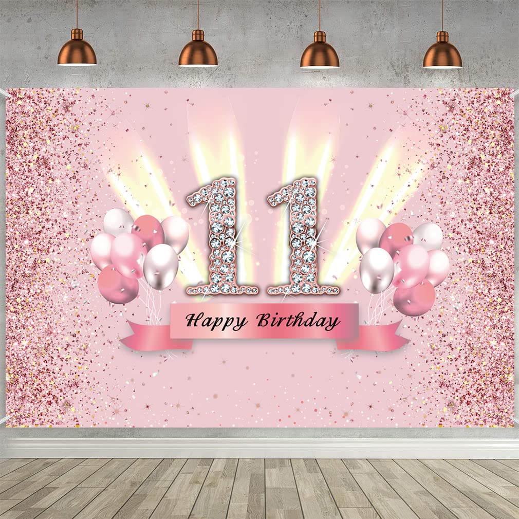 11th Birthday Banner 11th Birthday Decoration Rose Gold Party Decoration Girl, Fabric Sign Poster 11th Anniversary Party Birthday Banner Table Decoration Poster, Glitter Pink