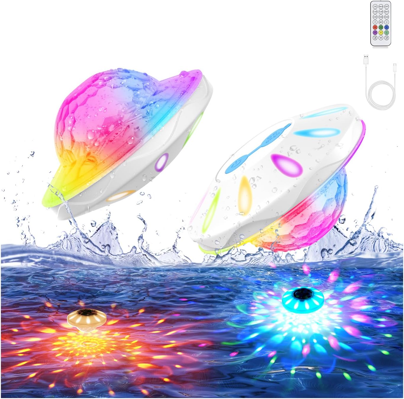 Floating Pool Lights(2 Pack), Pool Lights that Float with Remote, Rechargeable 4000mAh IP68 Waterproof Upper and Lower Color Changing Light with 6 Dynamic Lighting Effects for Bathtub 2 Pack