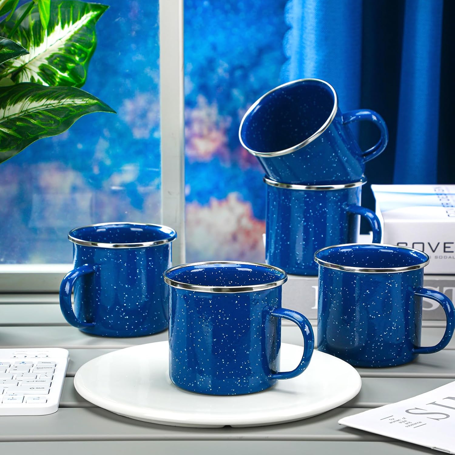 6 Pcs Enamel Camping Mugs Small Coffee Mugs Tea Cups Portable Vintage Campfire Camping Cups Bulk with Handle for Coffee Tea Home Picnic Travel Indoor and Outdoor Activities,12 oz (Blue) - Image 4