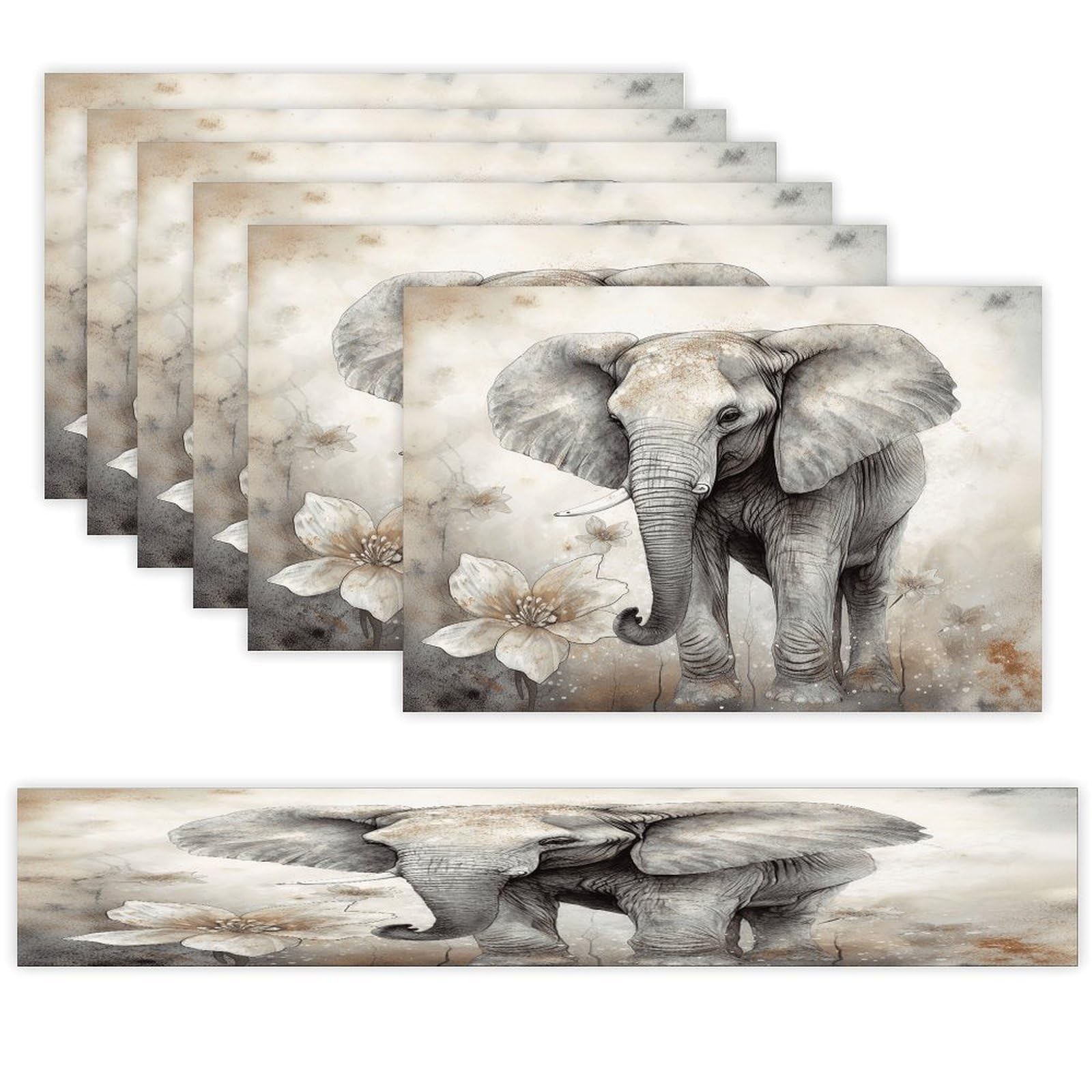 Animals Cute Elephant Table Runner and Placemats Set of 6 Wipe Clean Heat Resistant Table Mat with Table Runner Decorations Flax Linen Place Mat Set for Home Kitchen Party Supplies