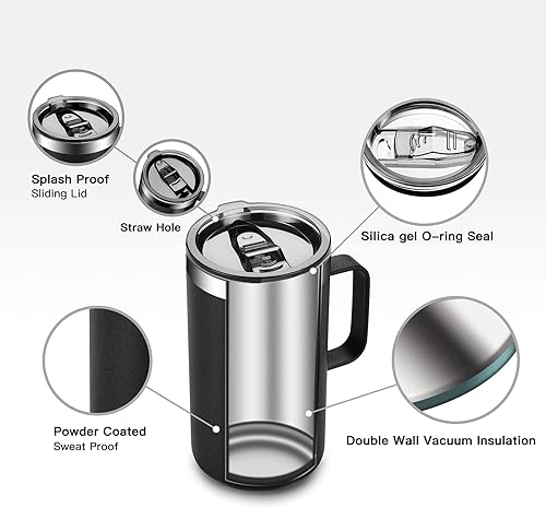 Miniatura 5 de KXIAOCHEN Taza de café aislada de 20 onzas con tapa, taza de café de acero inoxidable, vaso de café al vacío de doble pared con asa, taza de café