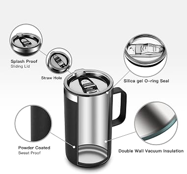 كوب قهوة معزول KXIAOCHEN 20oz مع غطاء ، كوب قهوة من الفولاذ المقاوم للصدأ ، بهلوان قهوة مزدوج مع مقبض ، كوب قهوة حراري ممتاز ( أسود )